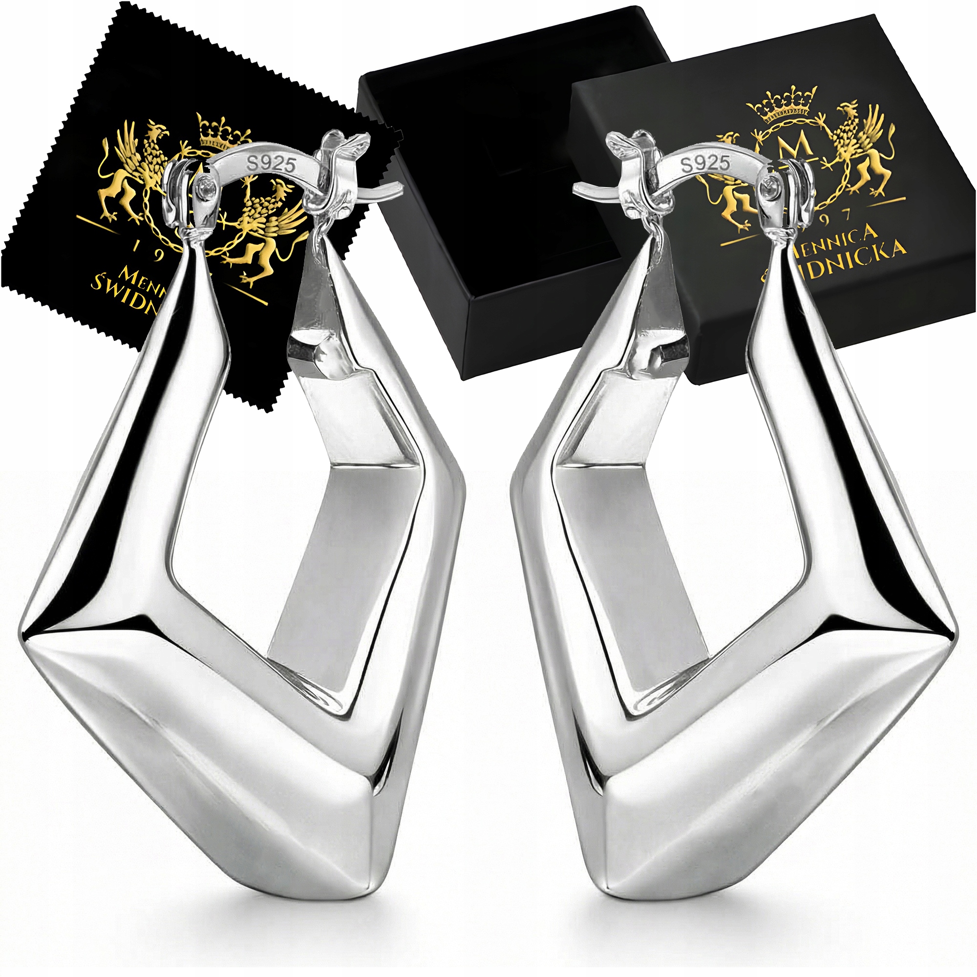 Srebrne Kolczyki 925 Nowoczesne Kwadratowe 30 mm Dmuchane Wiszące Grawer