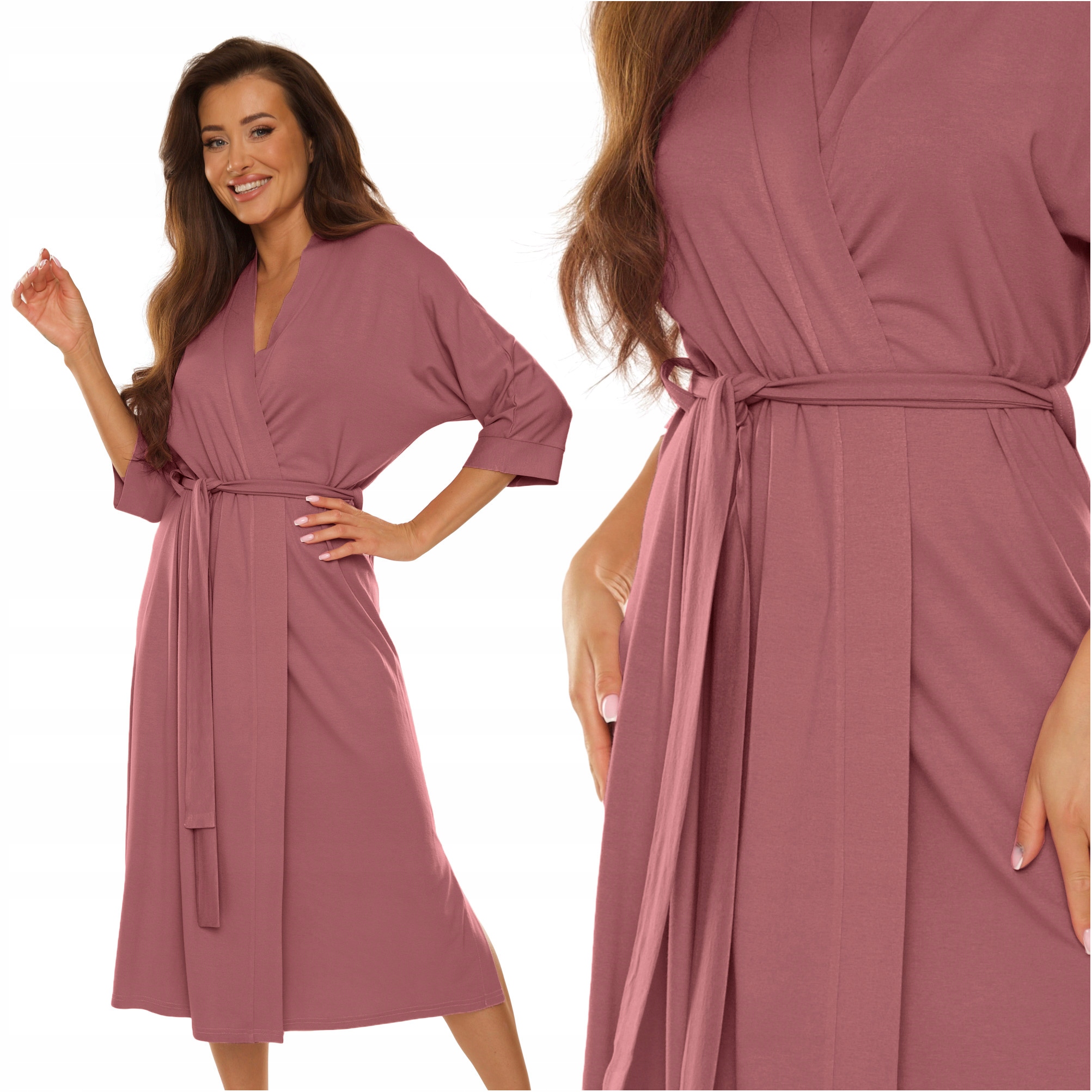 Cienki szlafrok damski długi De Lafense Visa 942 892 jagoda 4XL 48