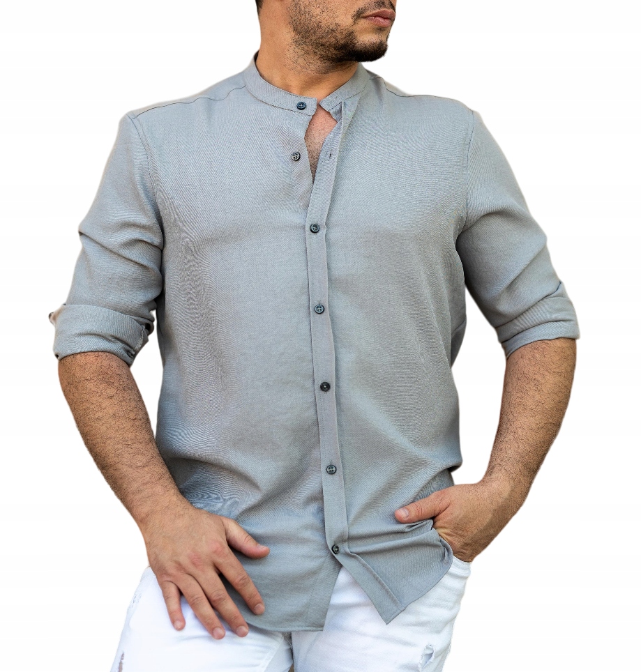 Pánská Bavlněná Košile, Volný Ležérní Stojáček, Šedá XXL