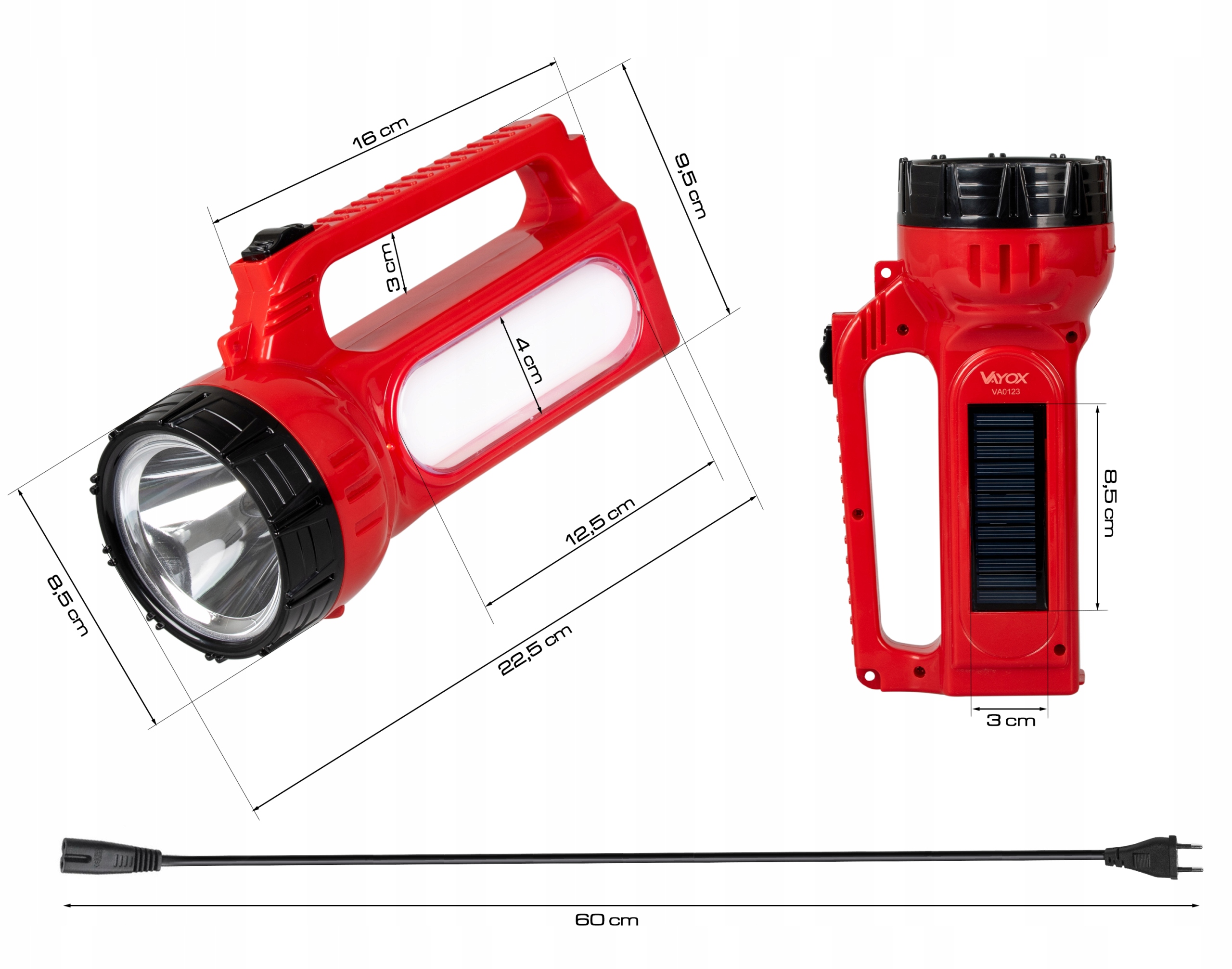 LATARKA LED SOLARNA SZPERACZ AKUMULATOROWA 230V ZE ŚWIATŁEM BOCZNYM VAYOX Źródło światła LED