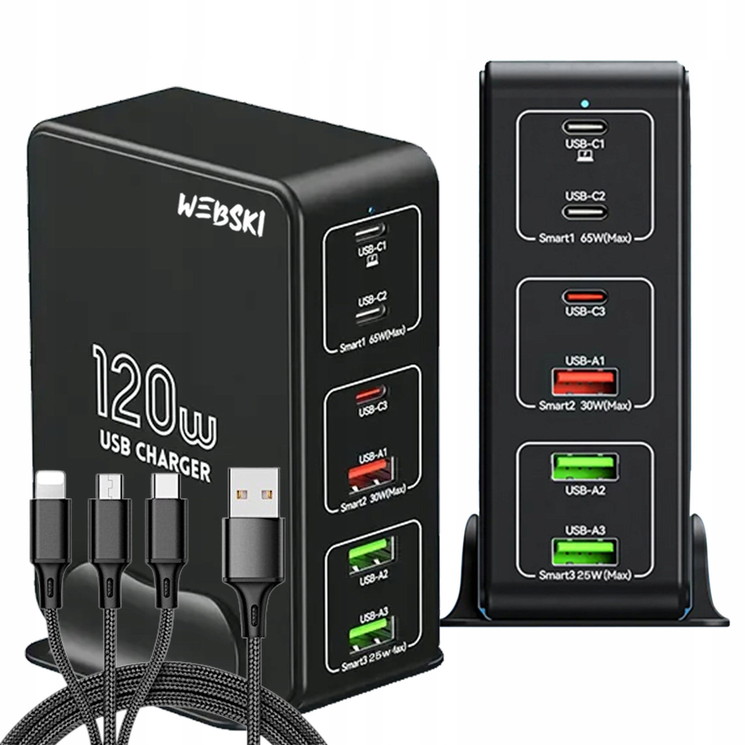 Rychlá síťová nabíječka 120W 6xUSB Qc kabel 3v1 pro všechny telefony