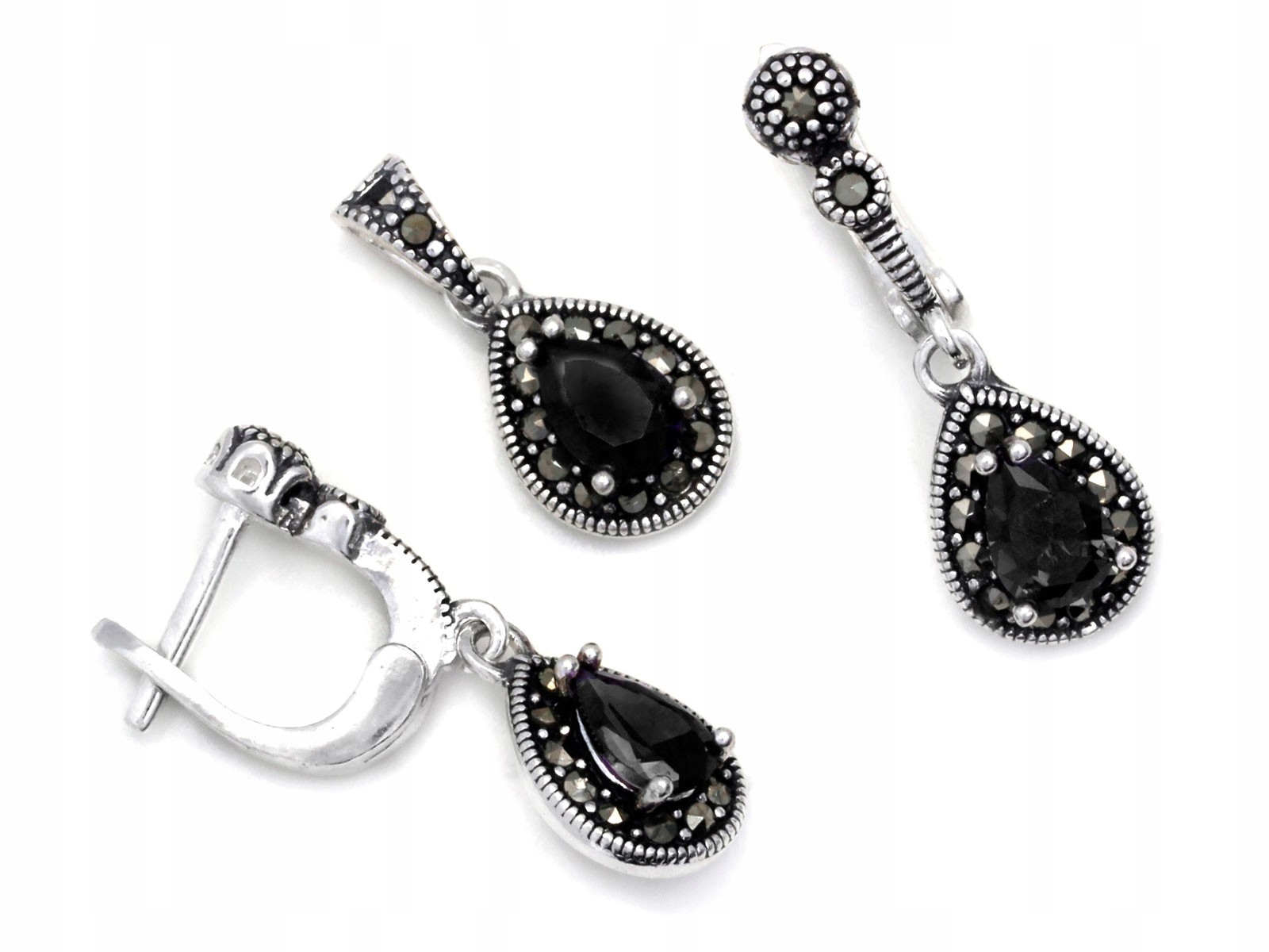 Stříbrná souprava 925: náušnice a přívěsek s onyxem a markazity, 6.60 g
