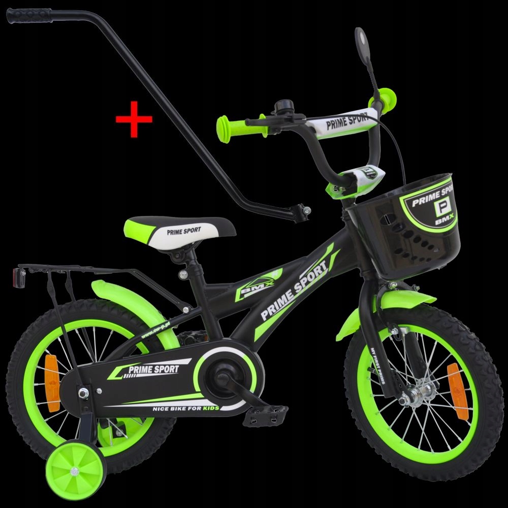 Rower dziecięcy 14 cali Prime Bmx Sport BLACK/Green Półmat Premium +dodatki