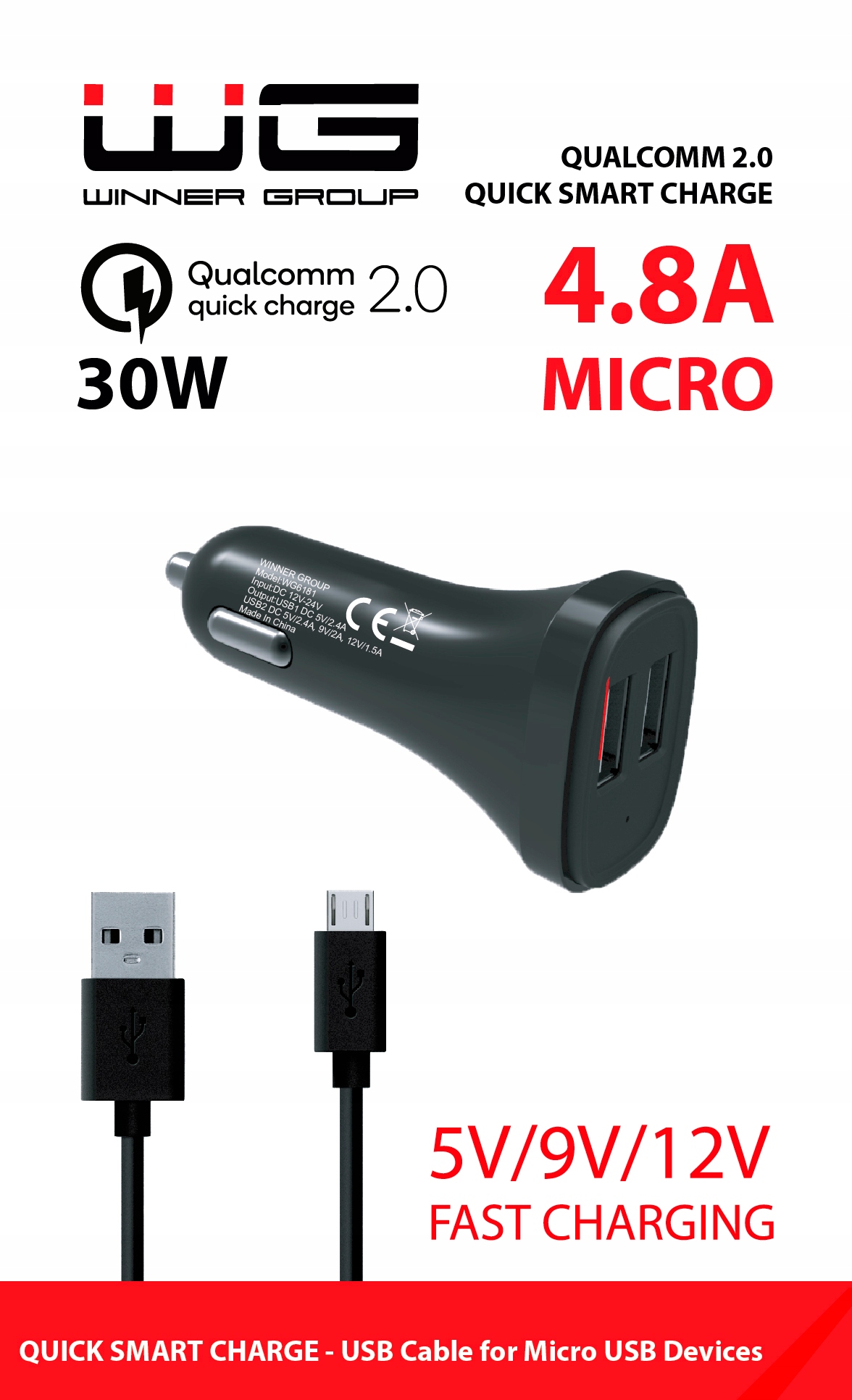 Ładowarka samochodowa 4,8A Qualcomm + Micro USB Kolor czarny