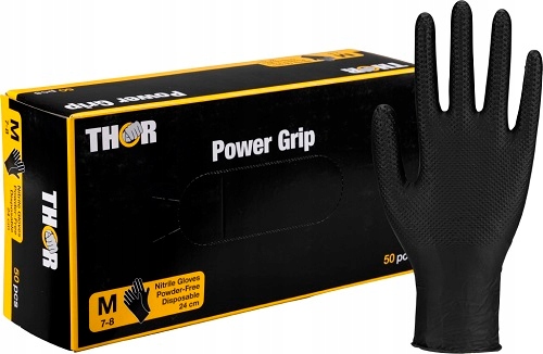 Rękawice nitrylowe warsztatowe czarne THOR Power Grip 50 szt. rozm. M