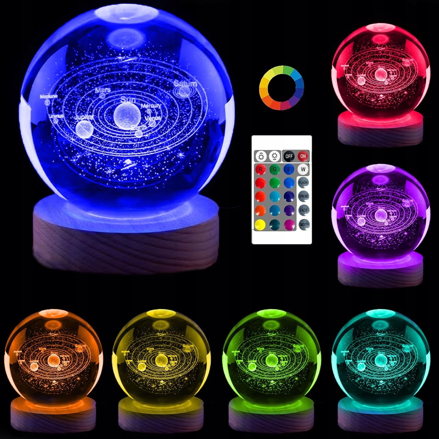 KRYSZTAŁOWA KULA 16 KOLORÓW 4 TRYBY ŚWIECENIA USB RGB + DREWNIANA PODSTAWA Marka bez marki