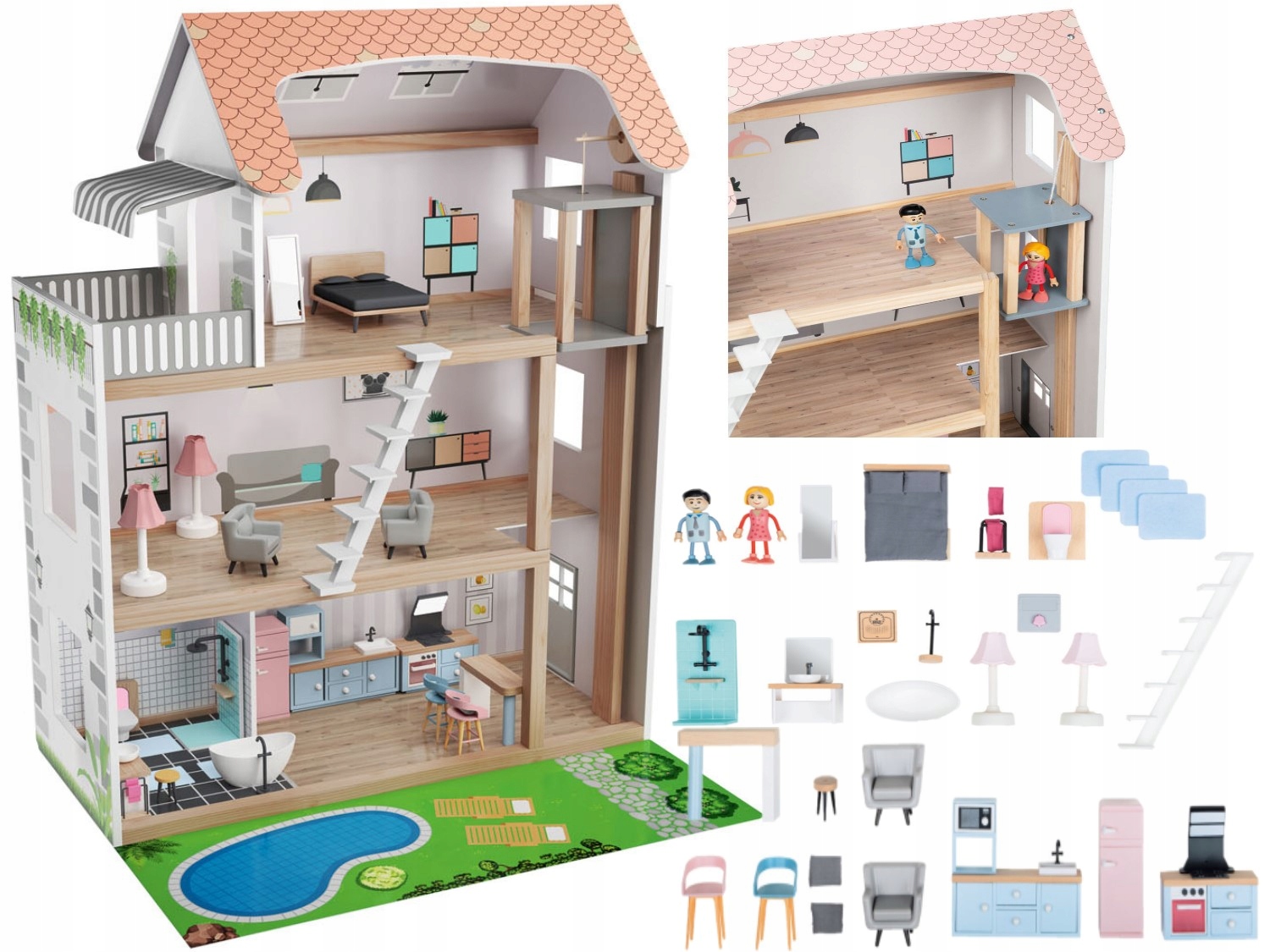 

Duży Drewniany Domek Dla Lalek Meble Lalki 80 cm