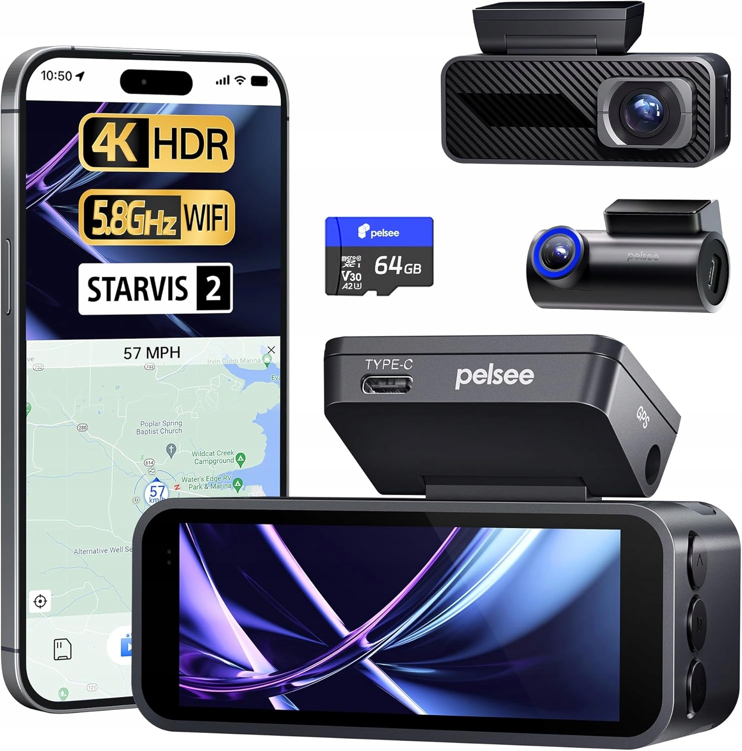 Videorekordér Pelsee P1 Pro Kamera Do Auta Gps Wi-fi Predná Zadná 4K