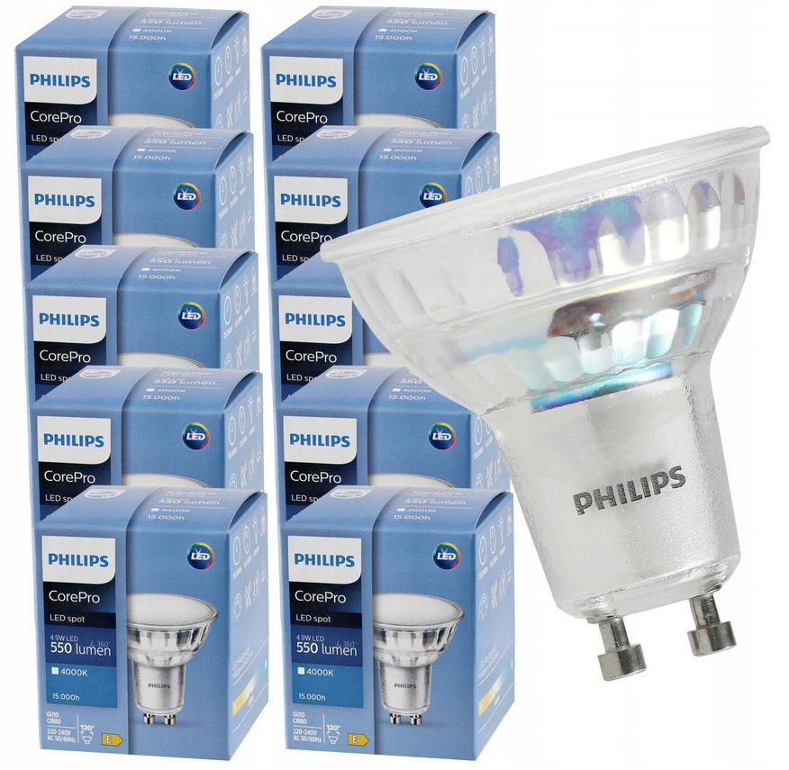 10x Led žárovka Philips 4.9W Corepro Led spot 550lm GU10 4000 K neutrální