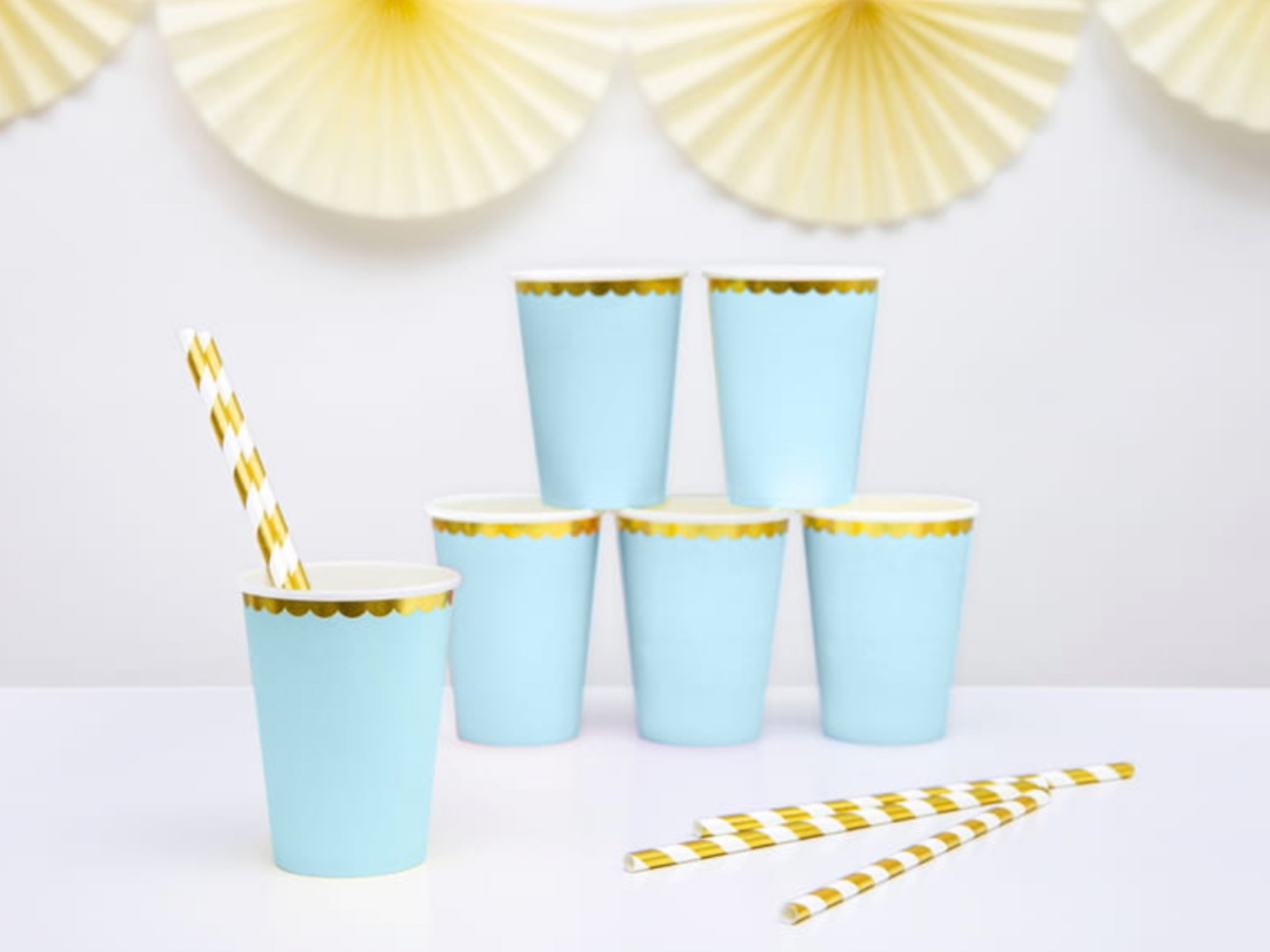 Zestaw imprezowy NIEBIESKIE ZŁOTE retro KUBECZKI TALERZYKI papierowe Kolor niebieski