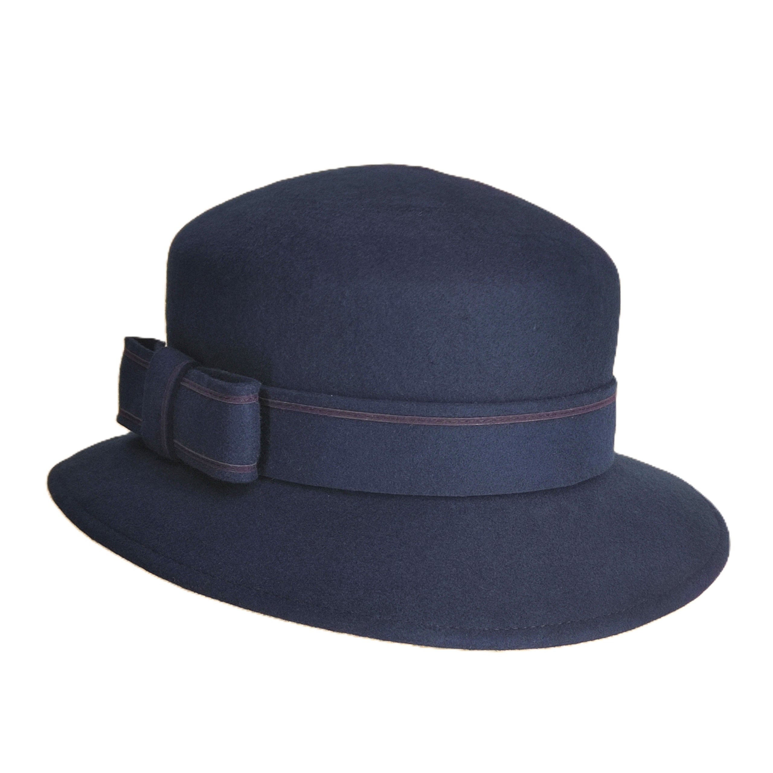 Dámský plstěný vlněný klobouk elegantní Tmavě Modrý plst 55/56 cm Polský