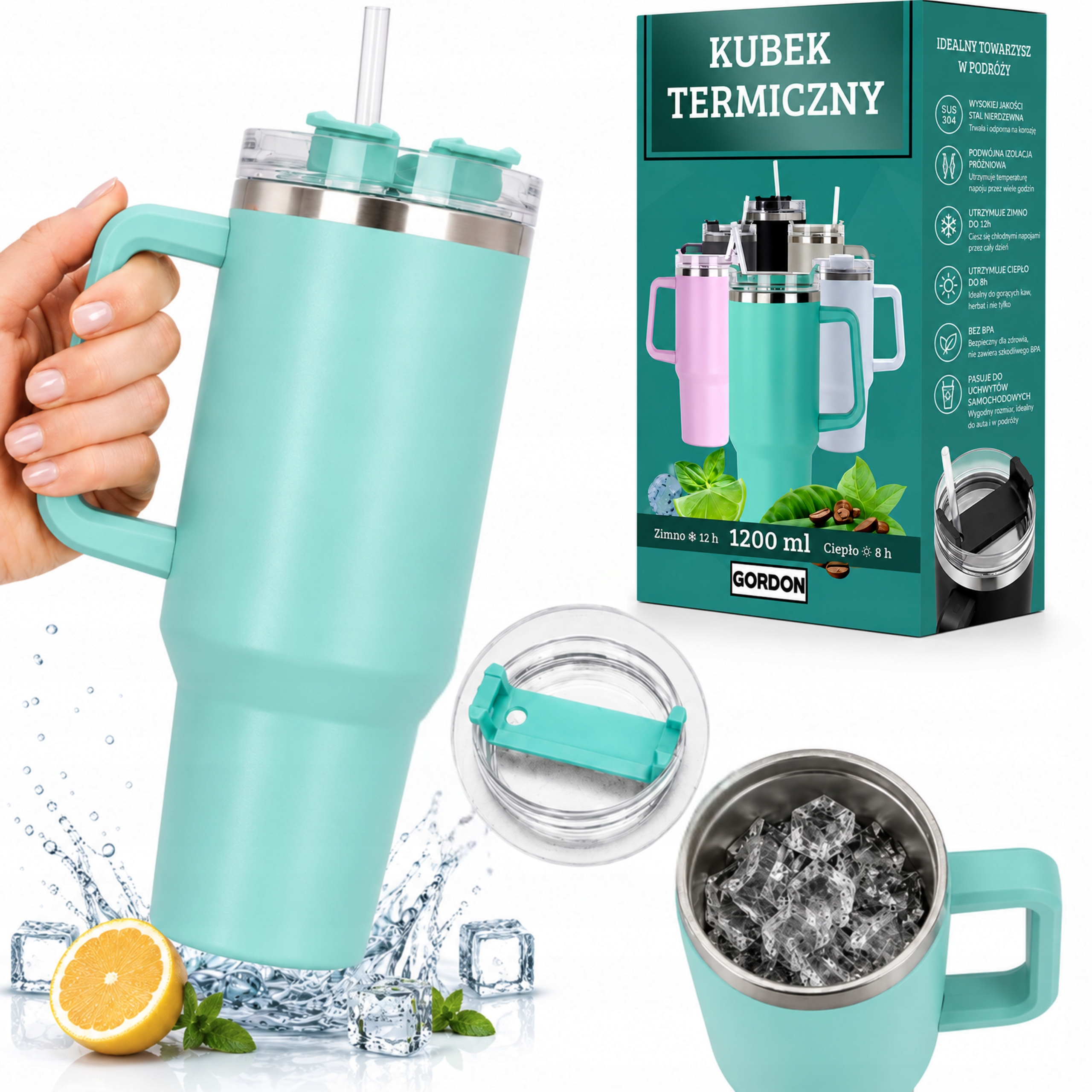 Kubek Termiczny 1200 ml Ze Słomką I Uchwytem Duży Bidon Do Samochodu Turkus