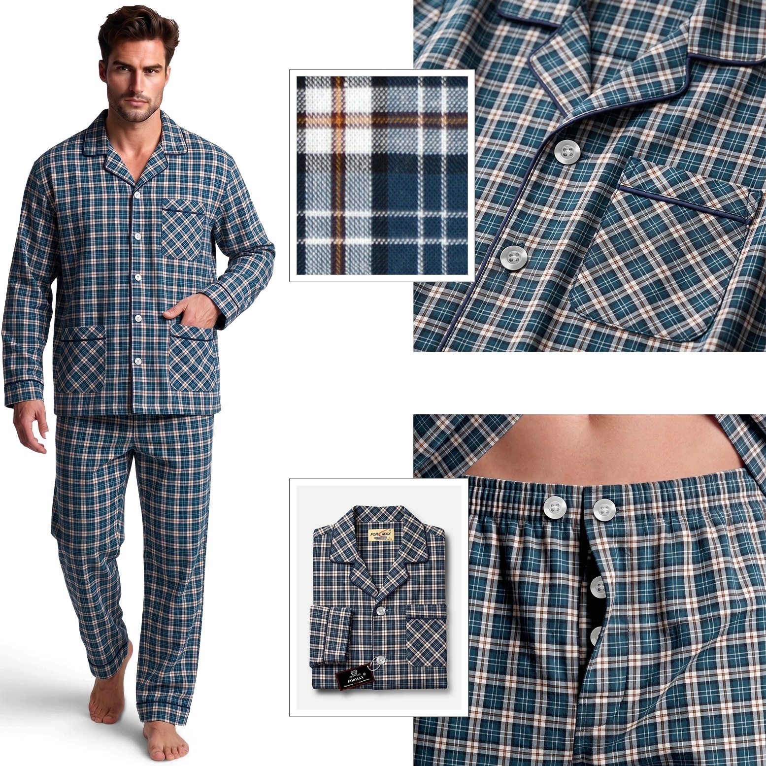 Lehké pánské dlouhé pyžamo Bavlna Košilové, rozepínací, vzdušné, modré. 3XL