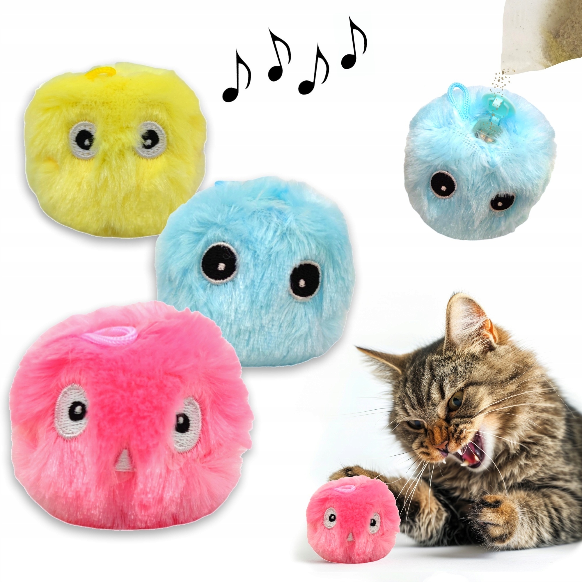 Levně 3x Interaktivní míč pro kočky se zvukem Žába Cvrček Pták Koťátko