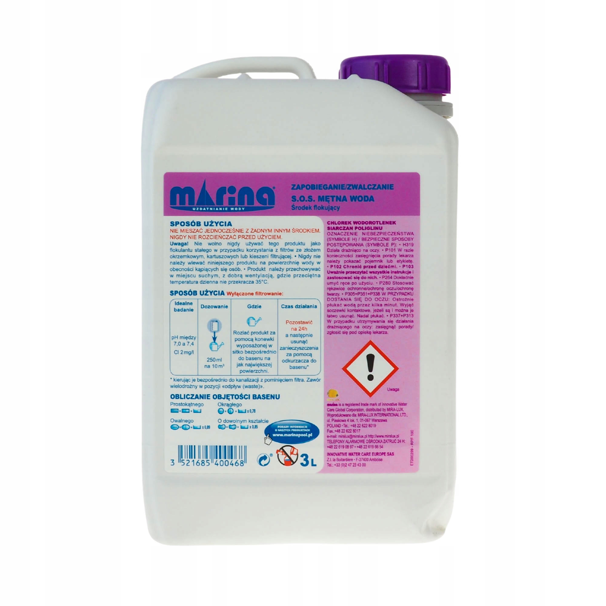 ŚRODEK FLOKUJĄCY DO MĘTNEJ WODY 3L MARINA BASEN Marka Marina