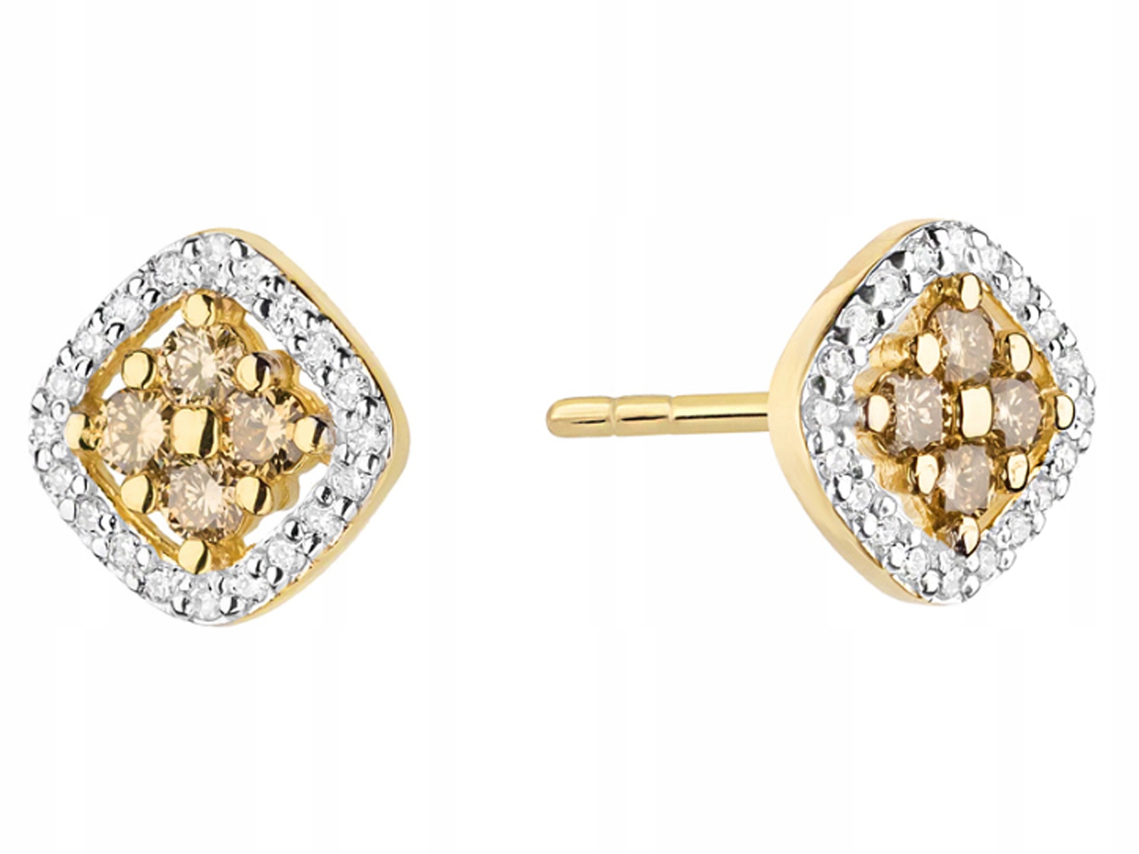 Zlaté náušnice 585, čtverečky, hnědý diamant, 2,1 g, módní vzor jako dárek