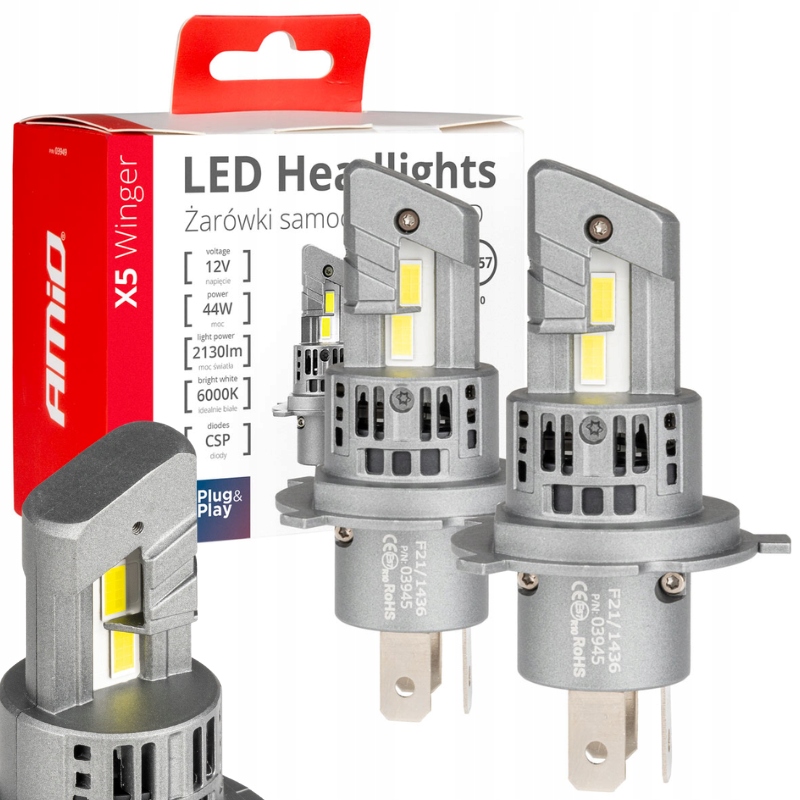 Żarówki Samochodowe H4 Led X5 Winger 6000K Białe Zimne 2SZT. Homologacja