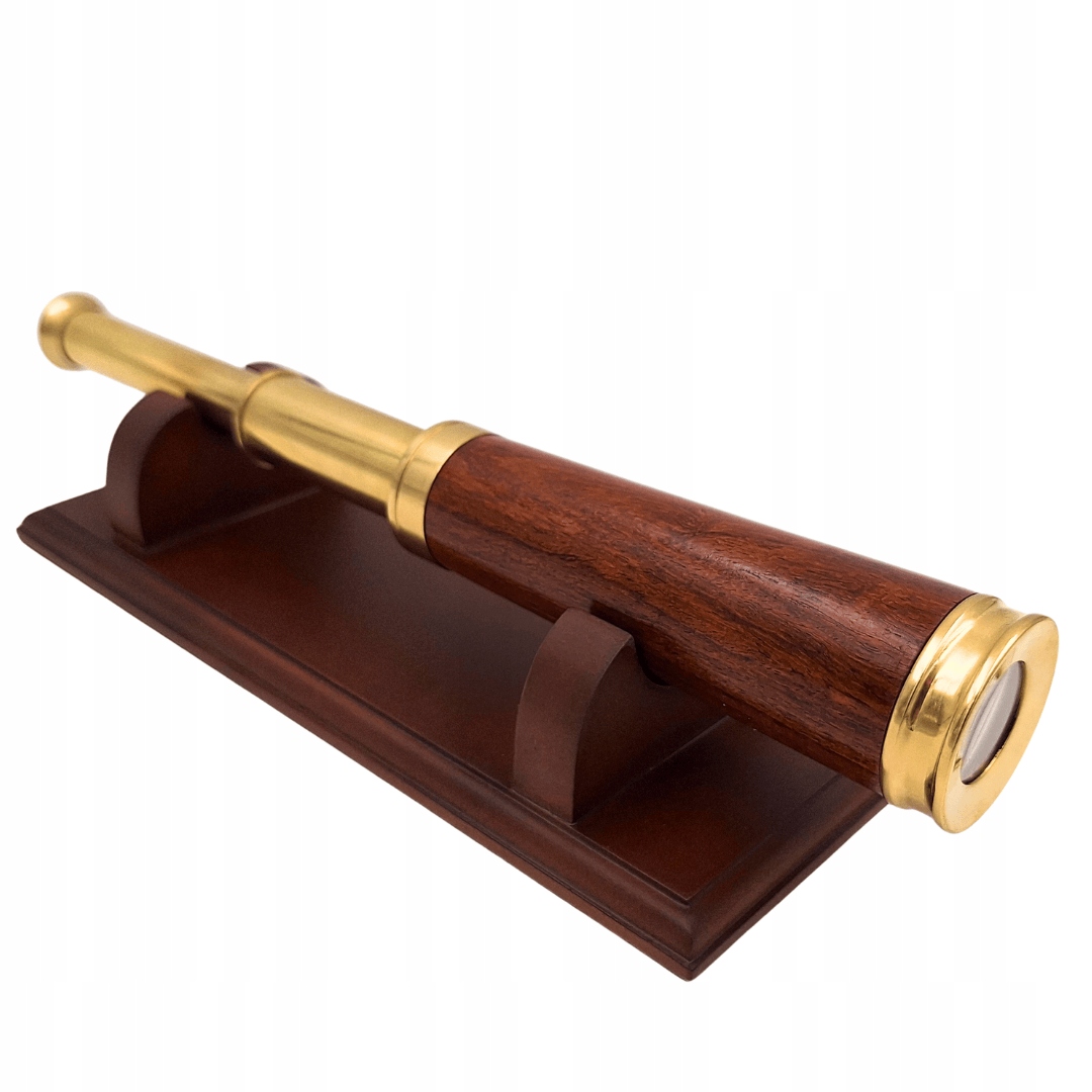 Mosazně-dřevěný dalekohled na elegantním dřevěném podstavci, dekorace