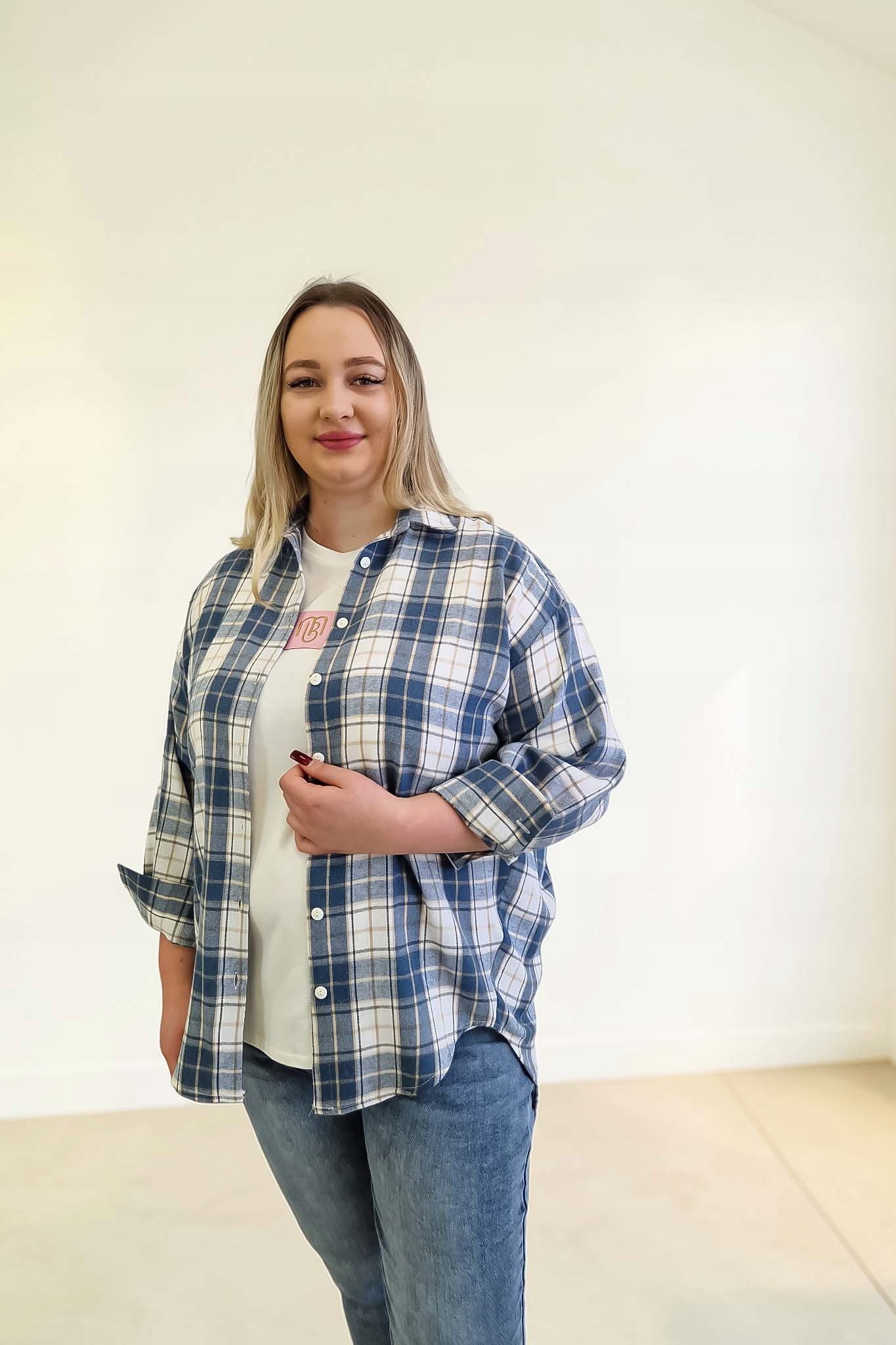 Asymetrická dámská košile Oversize s kostkovanou modrou barvou L/XL