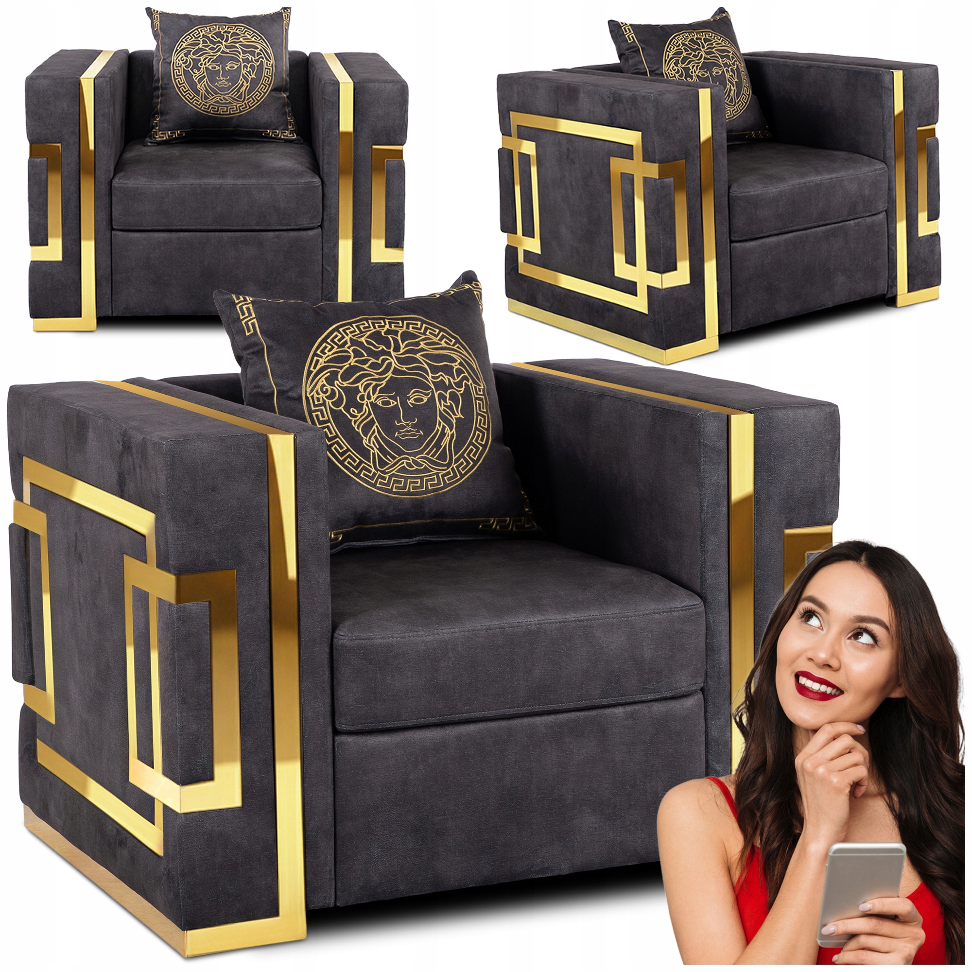 Pohovka Glamour Jednomístná do obývacího pokoje černá zlatá Pallazo 1S