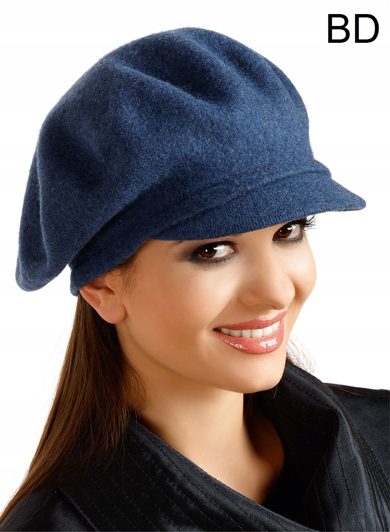 Modrý vlněný Český baret s kšiltem, zimní dámský kabátek Rabionek