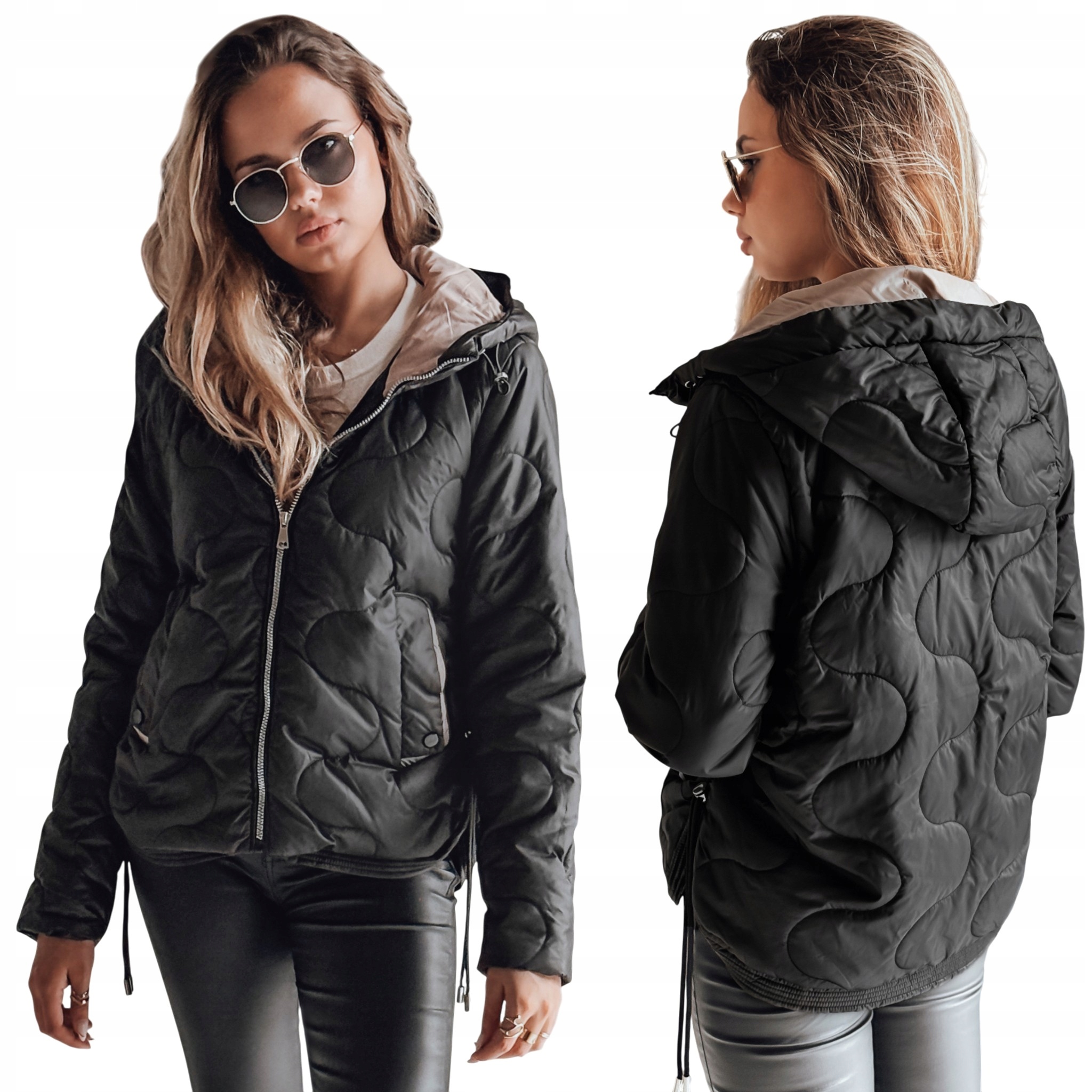 Pikowana kurtka damska z kapturem wiosenna czarna TY4240 XXL