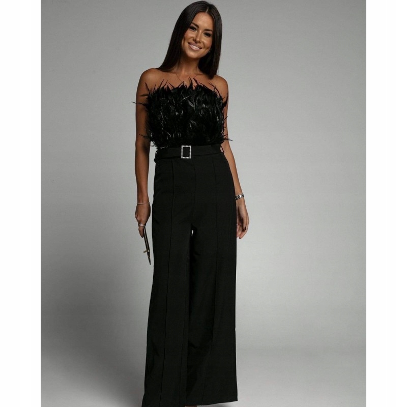 CZARNY elegancki kombinezon z piórkami XS/S/M Marka inna