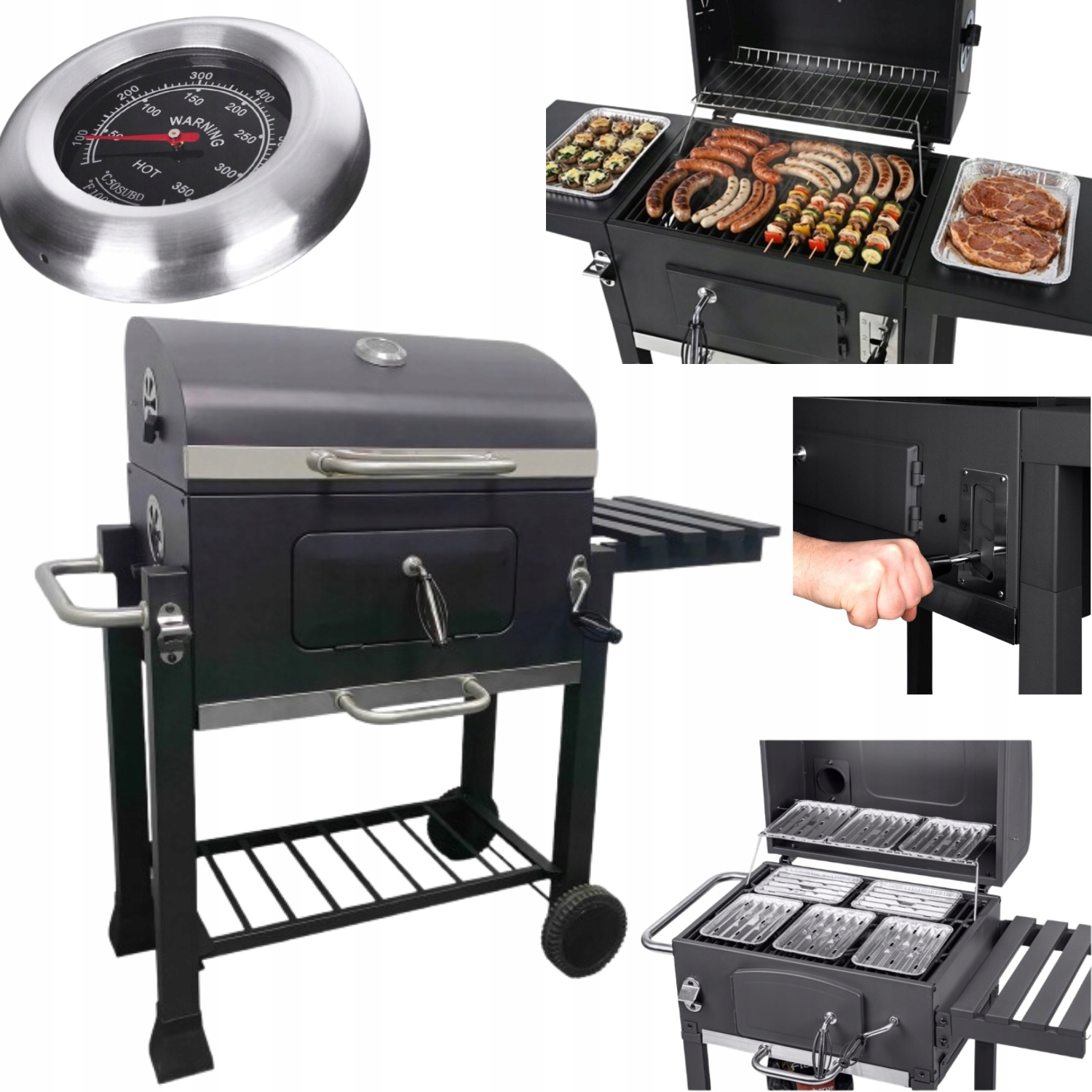 Grill Węglowy Ogrodowy Żeliwny Z Pokrywą Ruszt Płyta Termometr Duży