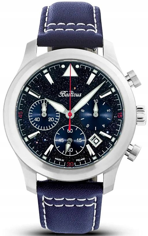 Polský Pánské Hodinky Balticus Flying Tuleň Chrono Tmavě Modré Avanturínové 44mm