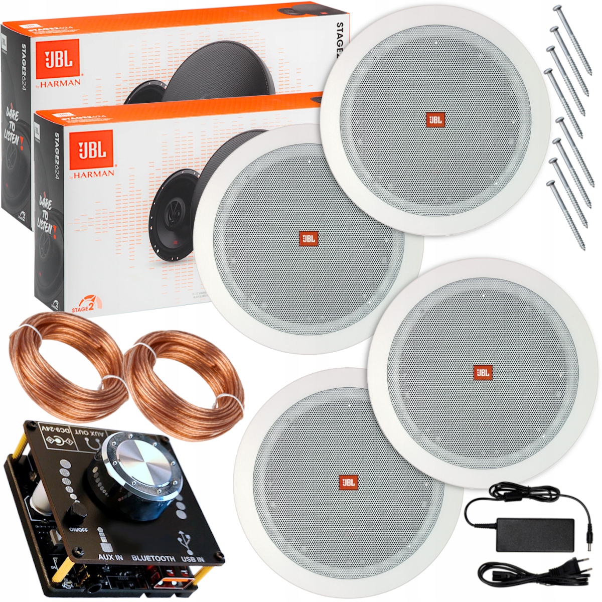 NAGŁOŚNIENIE 4 GŁOŚNIKI JBL 165MM DO SALONU POKOJU TARASU USB AUX BLUETOOTH