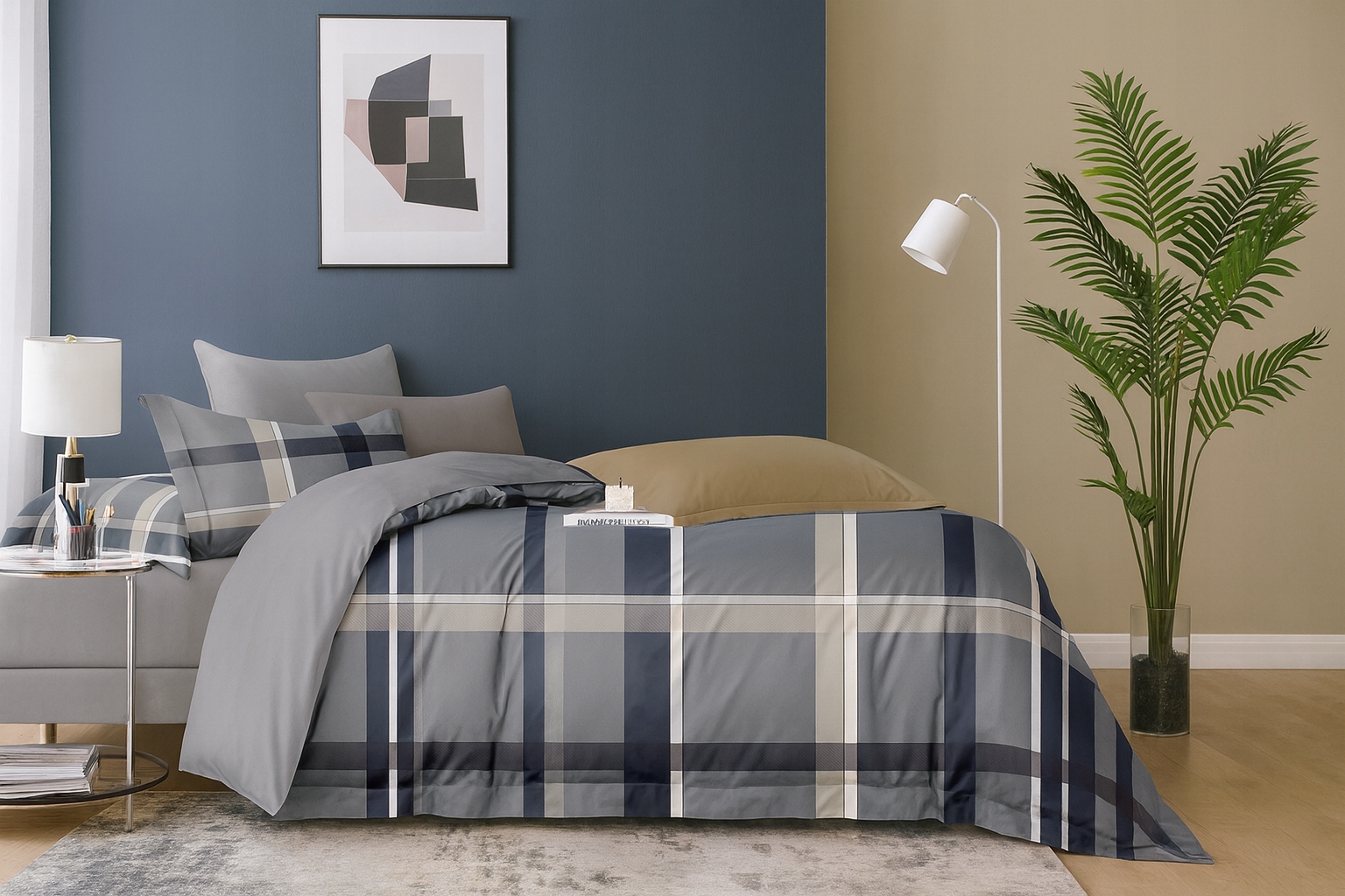 3dílná sada povlečení na peřinu s polštáři z bavlny s kostkovaným vzorem v šedé barvě 160×200 cm