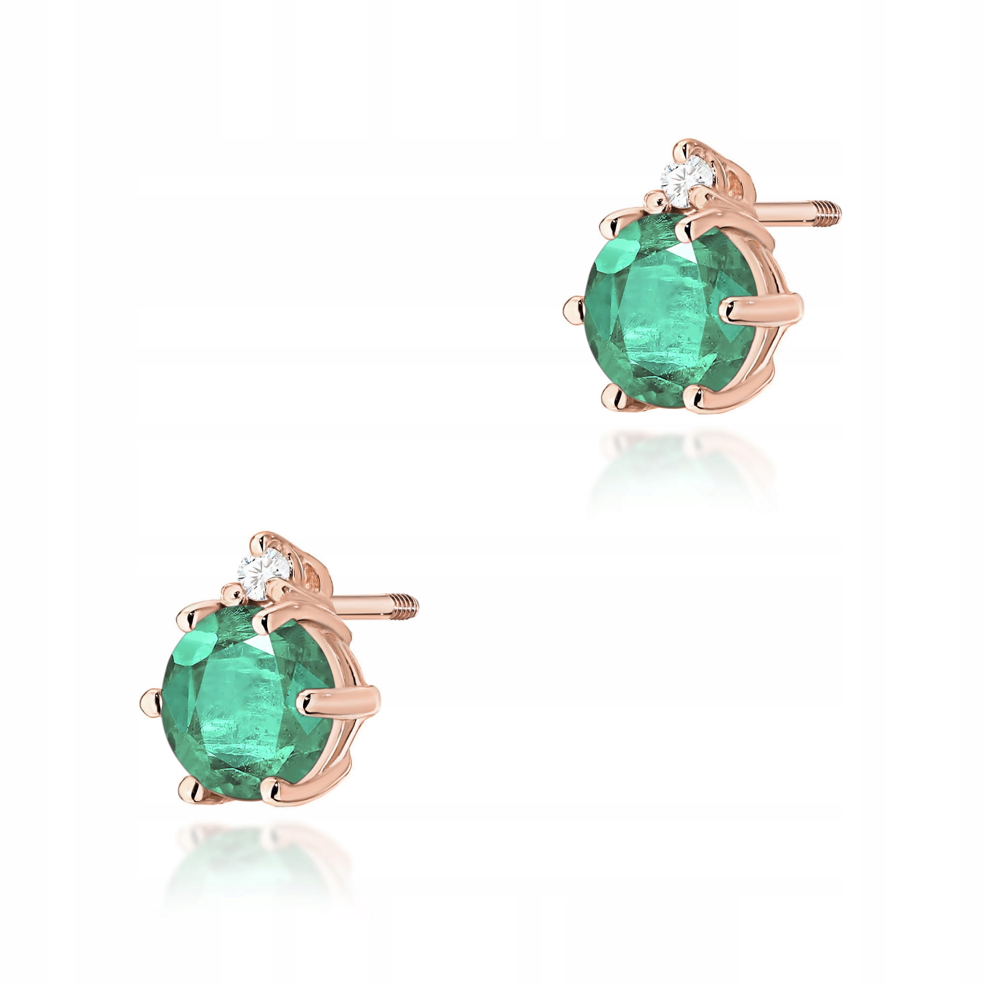 Náušnice růžové zlato 585 smaragdy 2x0,50 ct s diamanty šroubovací tyčinky