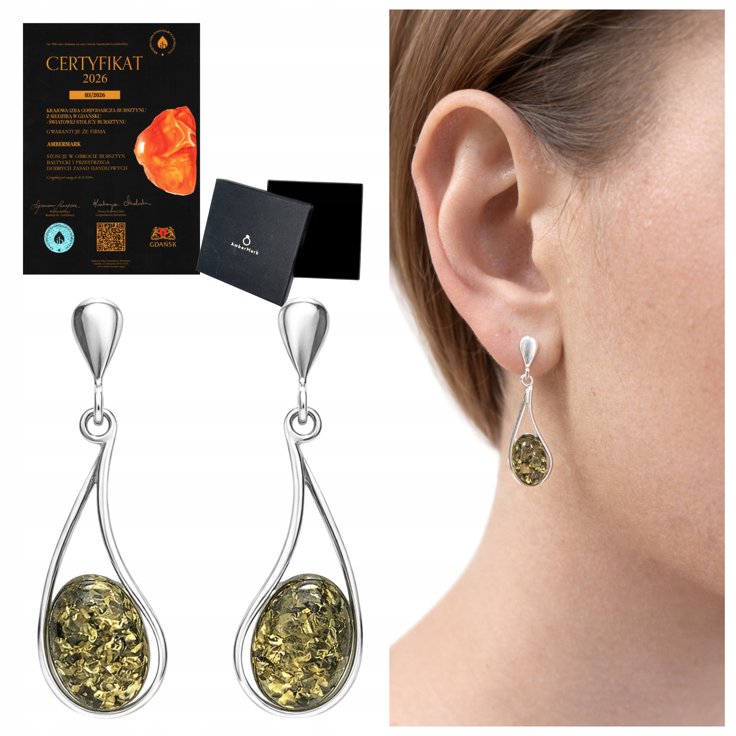 Náušnice s dlouhými šroubky, stříbrné závěsy, se zeleným jantarem