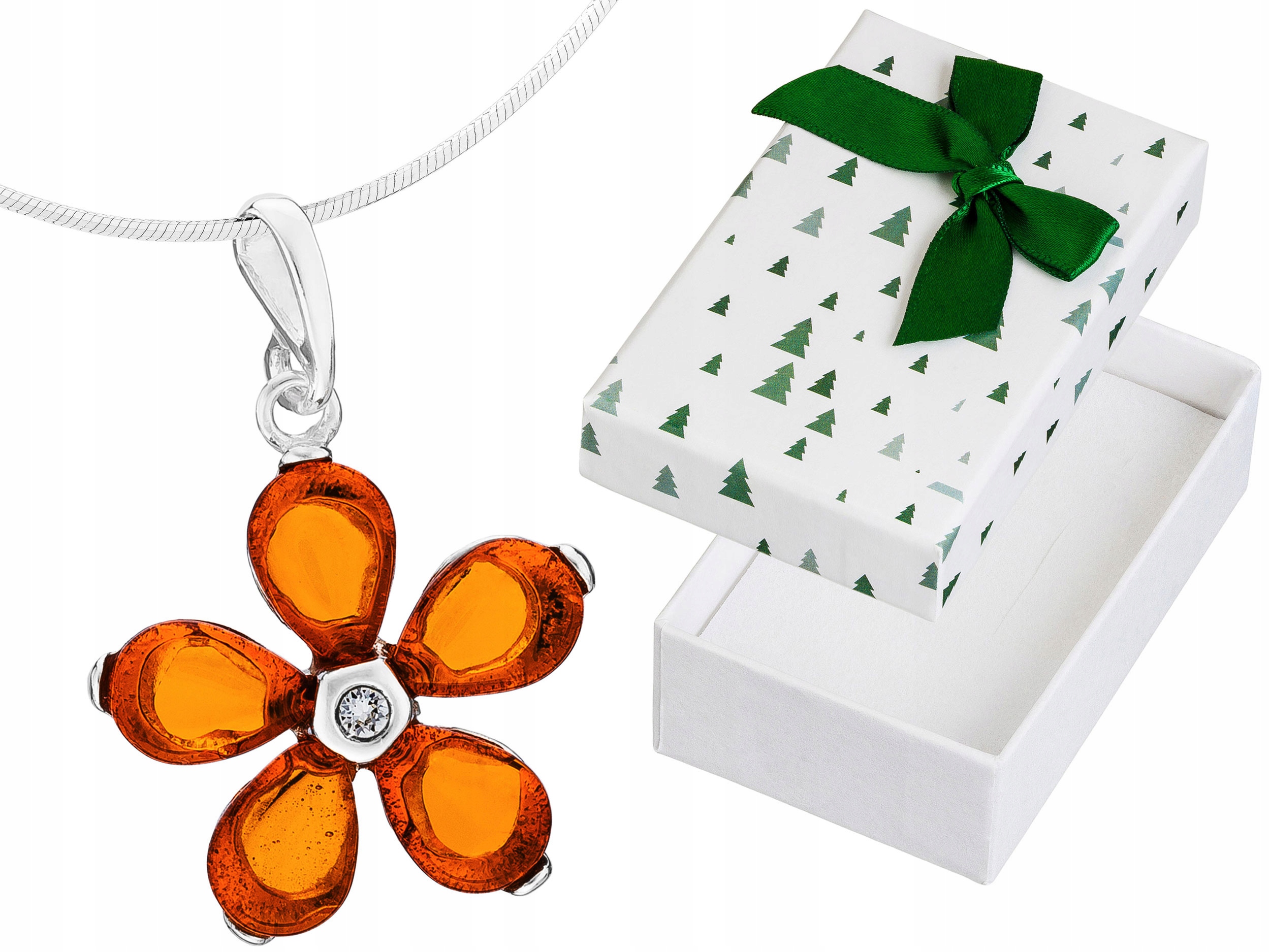 Krátký Stříbrný Dámský Náhrdelník Květina s Jantarem a Zirkony Choker 35 cm