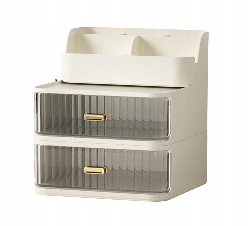 SZKATUŁKA KUFEREK SZAFKA KOSMETYKI PĘDZLE 2 SZUFLADY TOALETKA KREMOWA F33