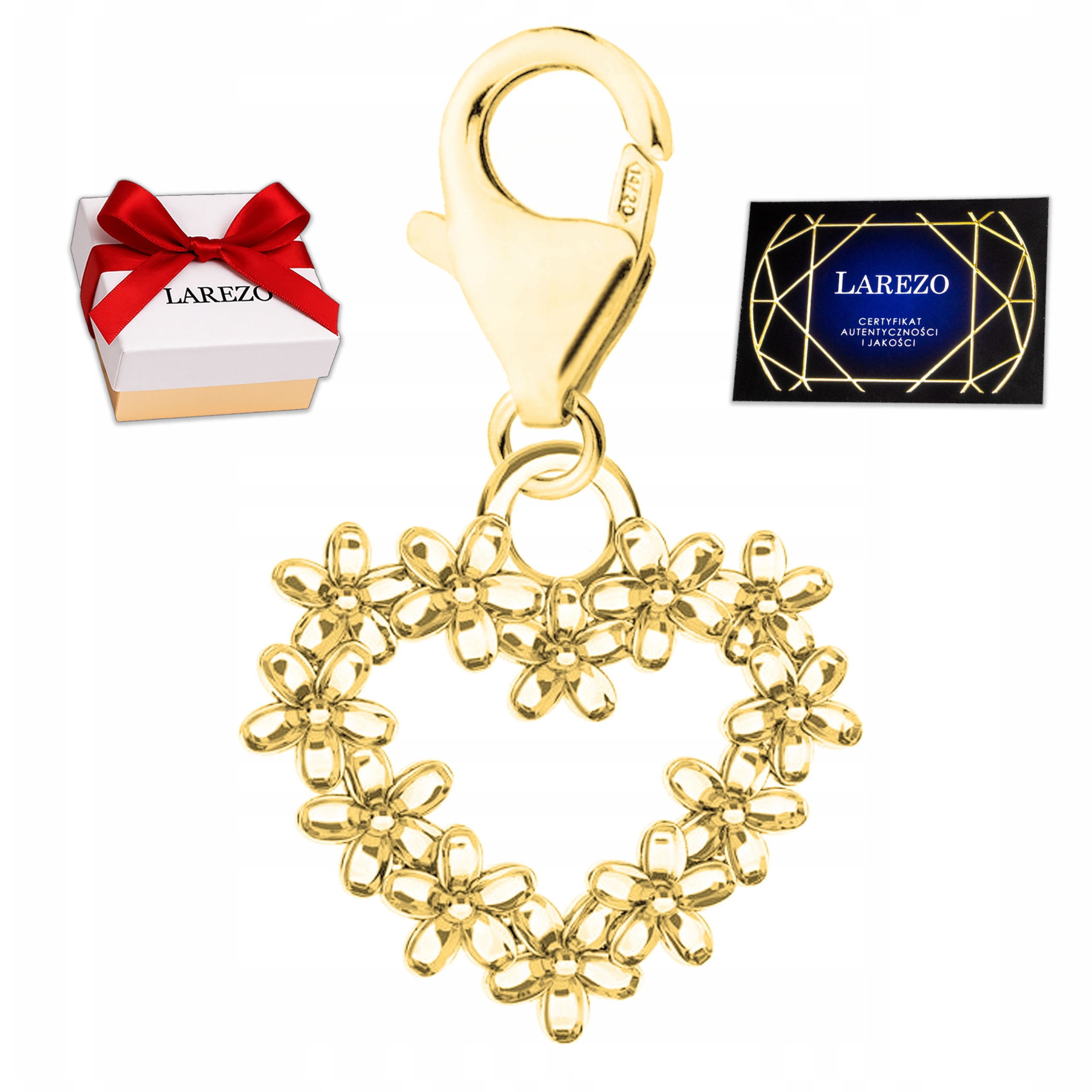 Zlatý přívěsek Srdce Květiny na karabině Ozdobné srdíčko Stříbro 925