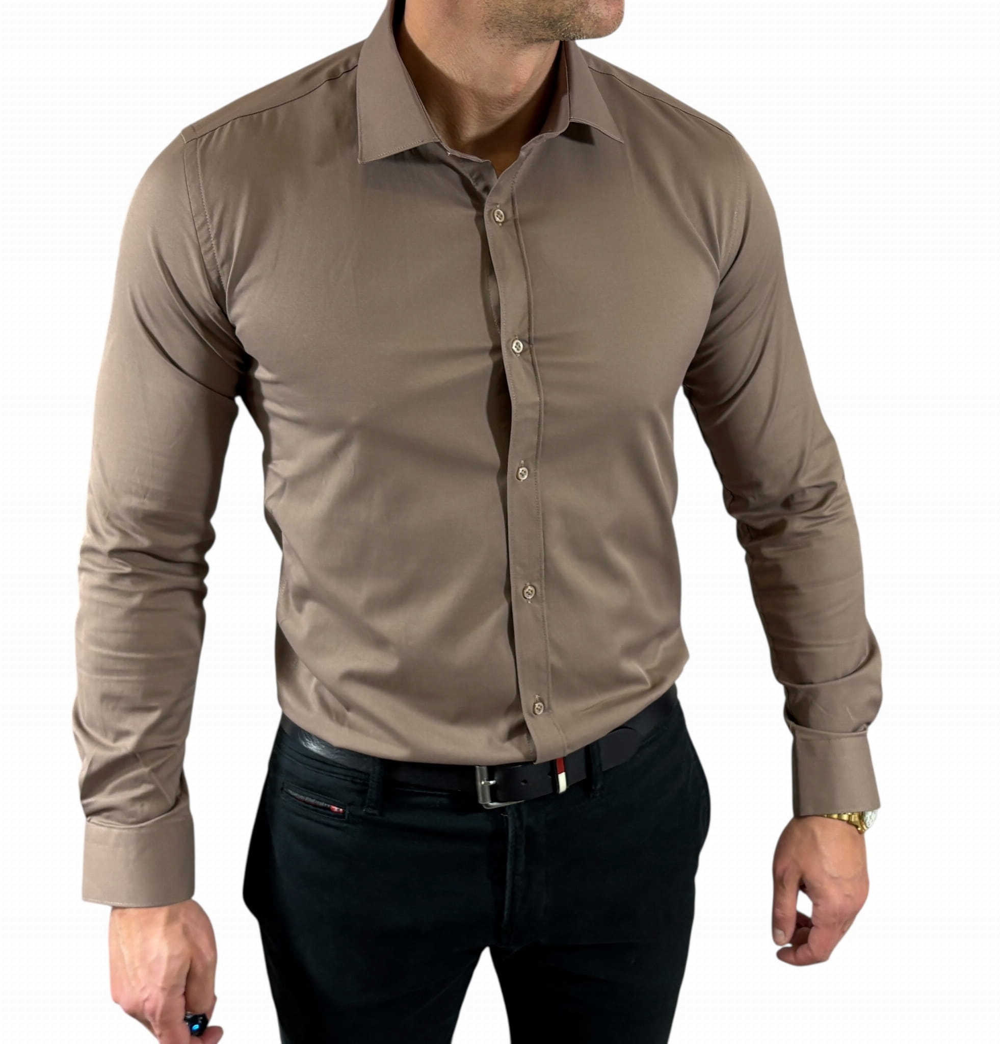 Košile slim fit klasická tmavě béžová-11 saténová hladká elegantní EGO04
