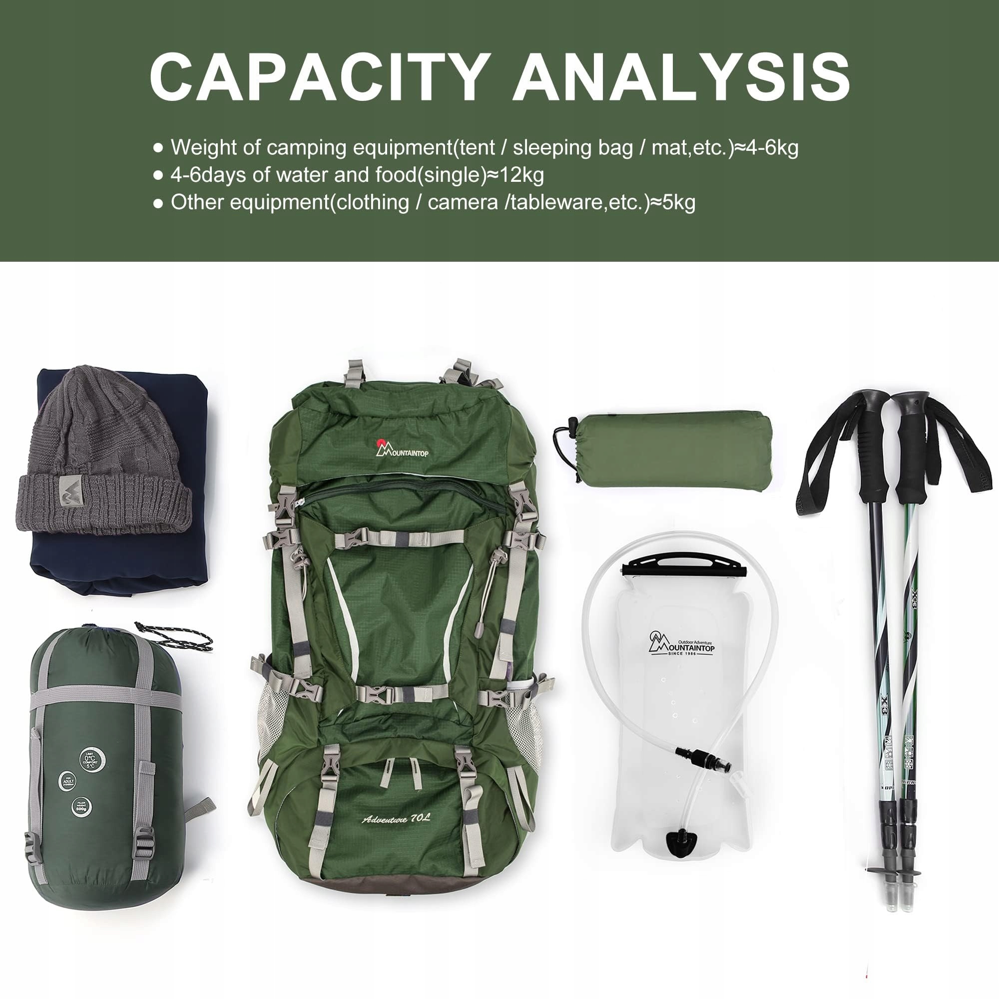 MOUNTAINTOP Plecak Trekkingowy 70L Wodoodporny Na Wędrówki i Camping — miniatura 8