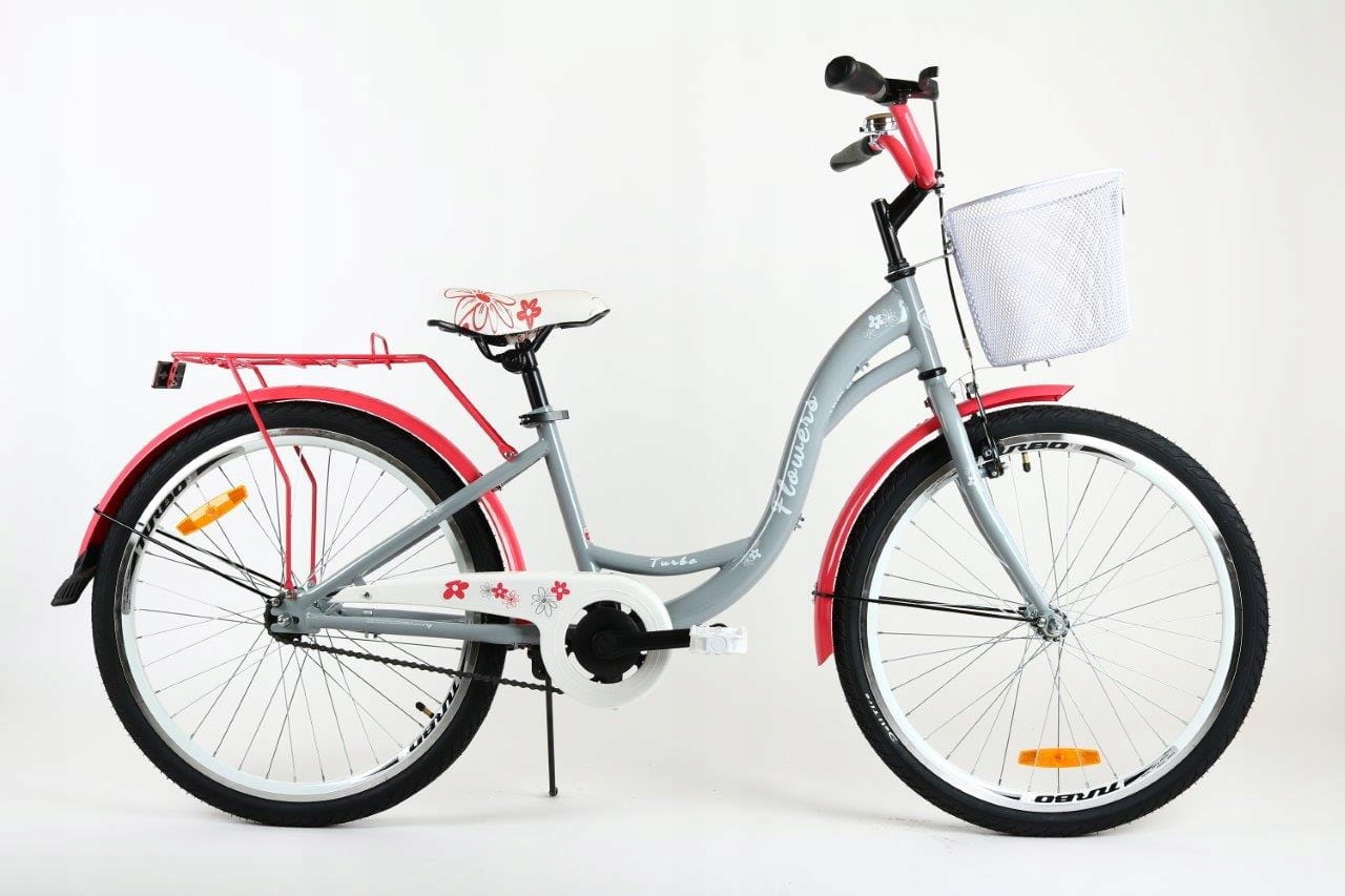 Rower dziecięcy Turbo Flowers koło 24 " szaro-koralowy Polski Producent