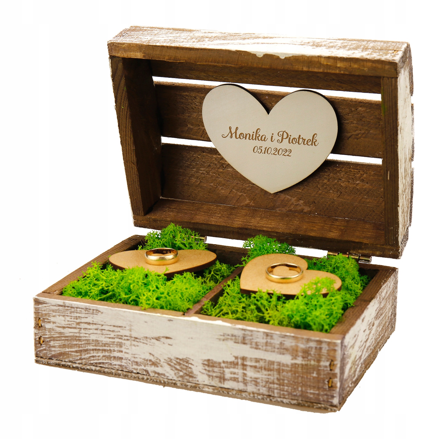 Pudełko na obrączki szkatułka drewniana mech mchem