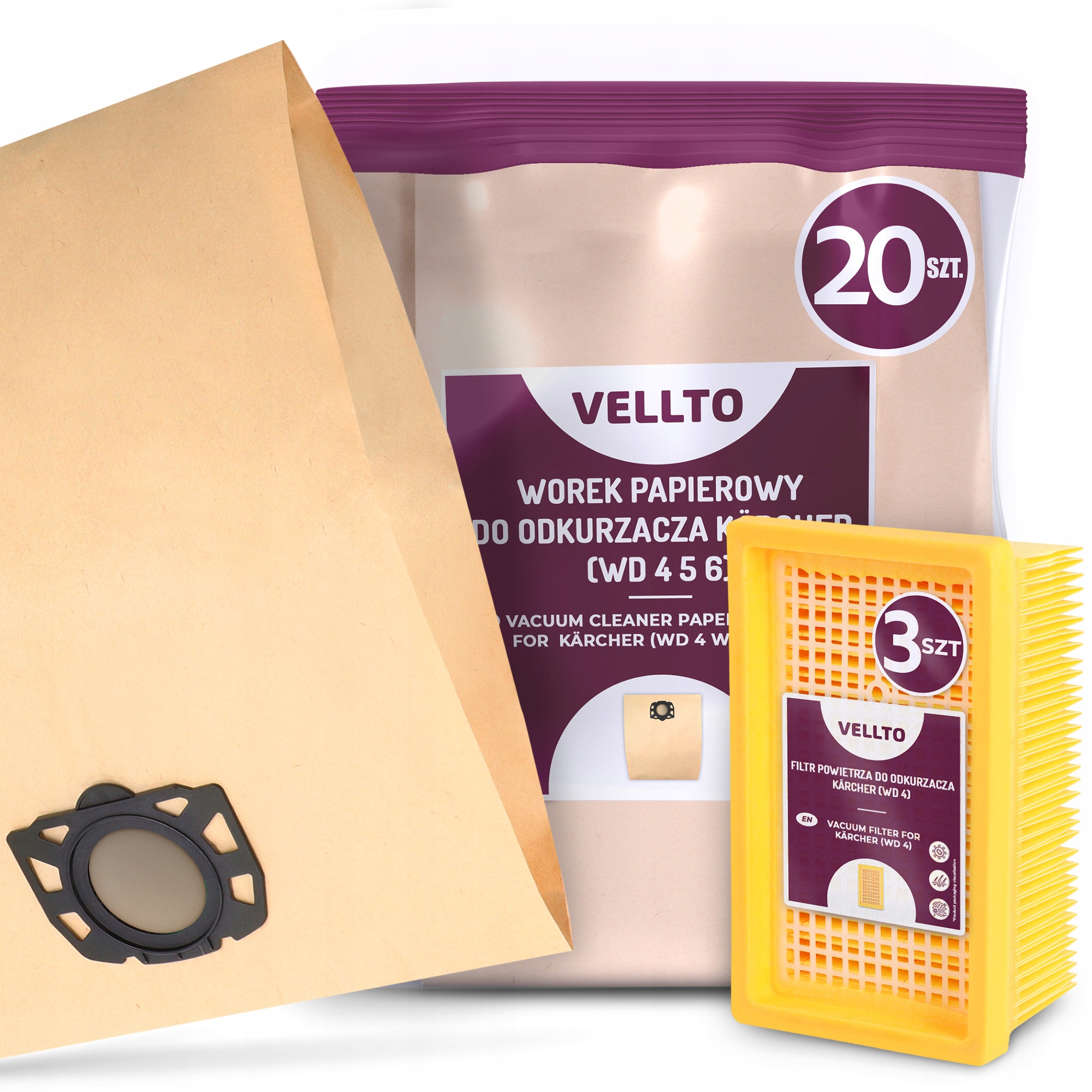 20x Sáček pro vysavač Kärcher WD4 WD5 WD6 MV4 MV5 MV6 3x Vzduchový filtr E3