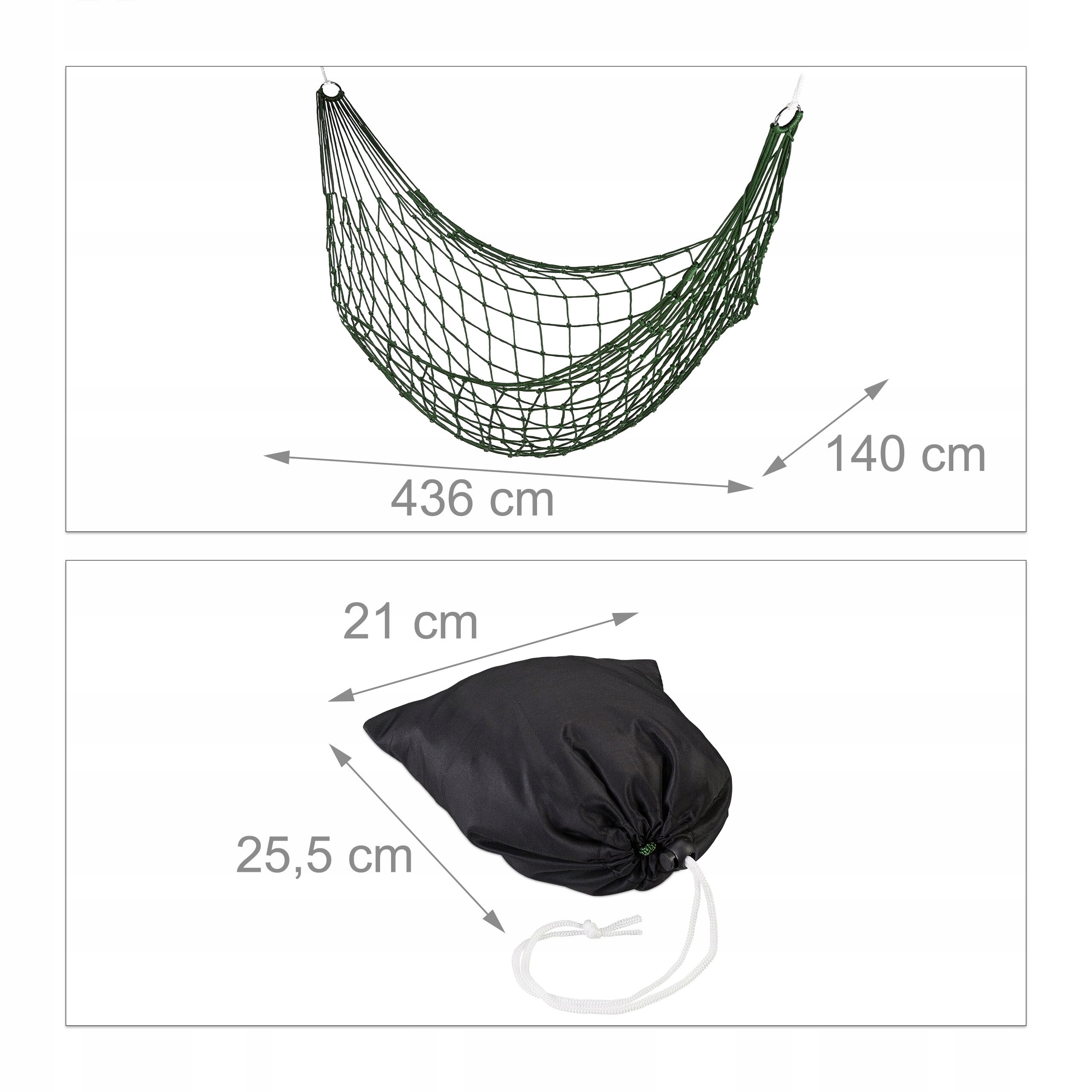 Relaxdays Zestaw Hamaków Siatkowych Outdoor Camping Ogród Ciemnozielone — miniatura 4