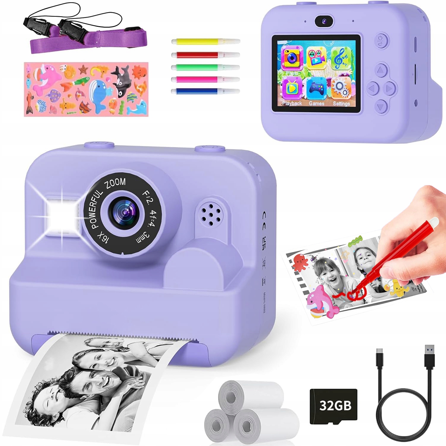 Termotiskárna Fotoaparát Instantní Tisk 3 Role Papíru A 32GB Karta, Fialová