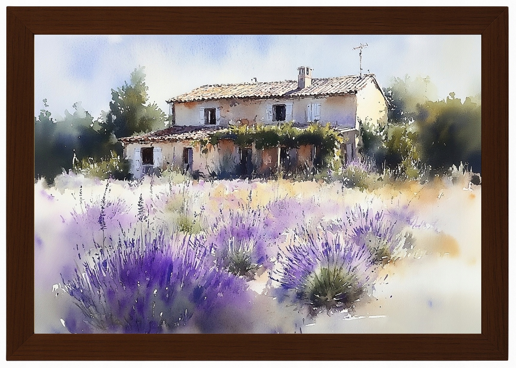 Plakát Rámeček Dřevo Krajina Vesnice Francie Dům Vila Zahrada Levandule 60x40