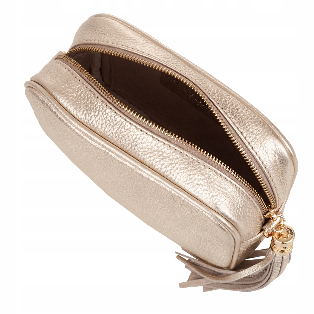 ZŁOTA TOREBKA LISTONOSZKA SKÓRA VERA PELLE FRĘDZLE Kolor złoty