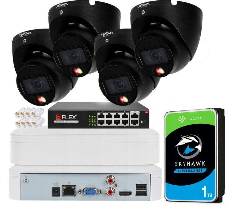 Monitoring Ip PoE Dahua 4 Kamery IPC-HDW1639T-A-IL Black 6Mpx Full Kolor