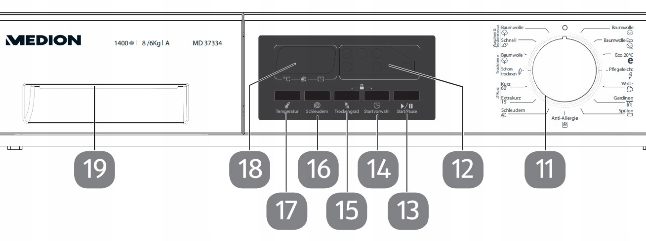 MD37334 PRALKO-SUSZARKA 8KG LED 15 PROG 1400obr Model MD37334