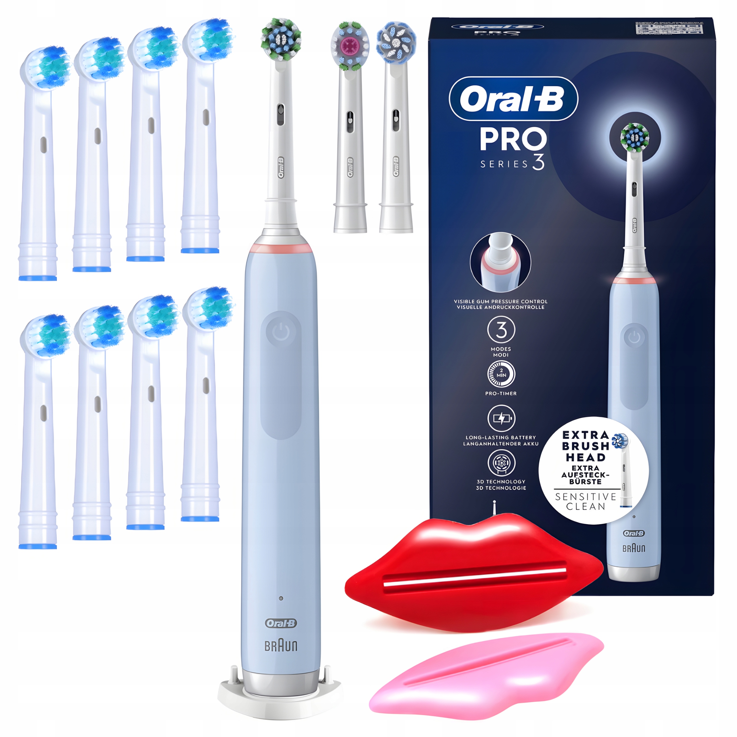 Zestaw Szczoteczka Elektryczna Oral-B Pro 3 3770 Niebieska 3 Końcówki Timer