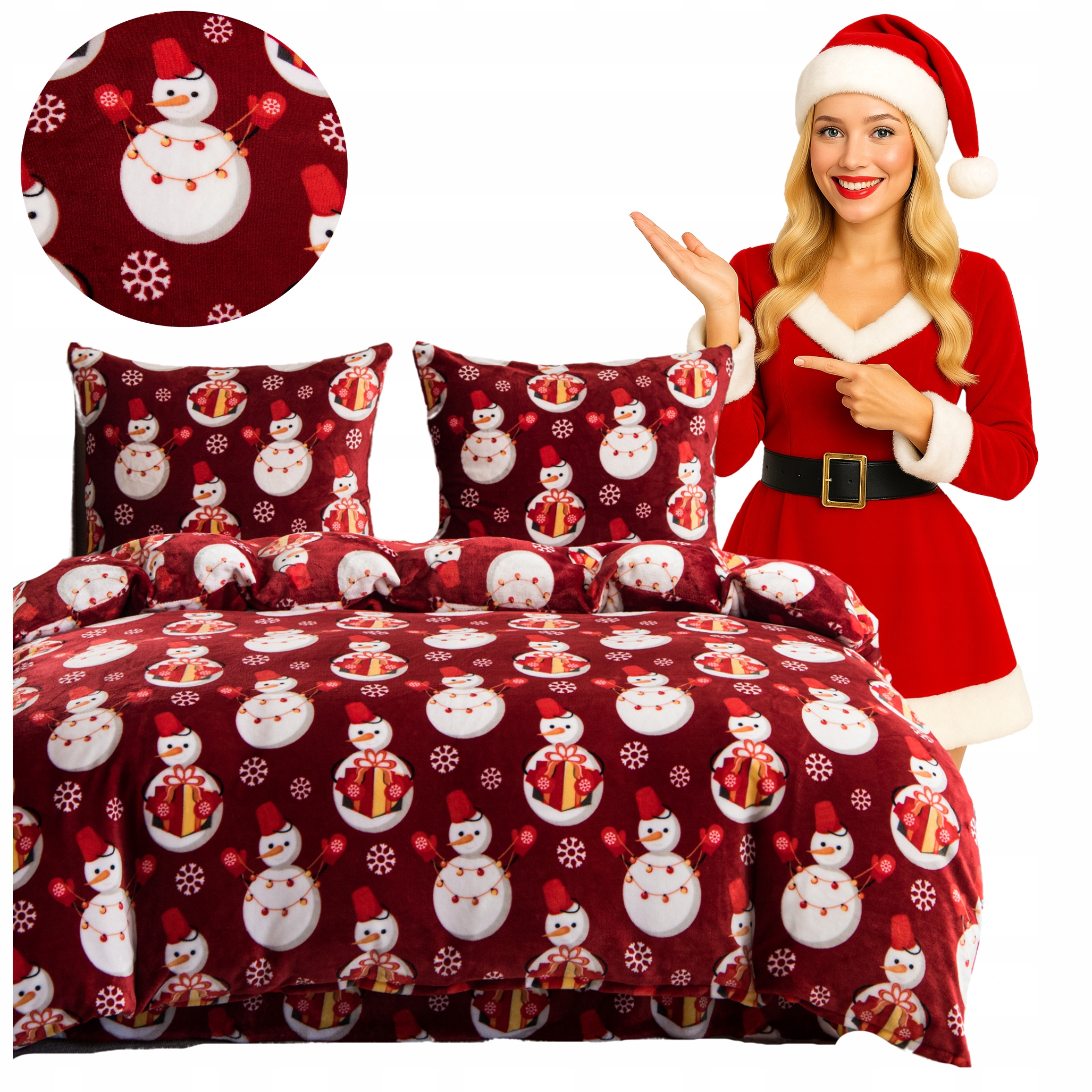 Povlečení 200x220 Plyšové Sada 3 Díly Vánoční Sněhulák Hřejivé a Teplé
