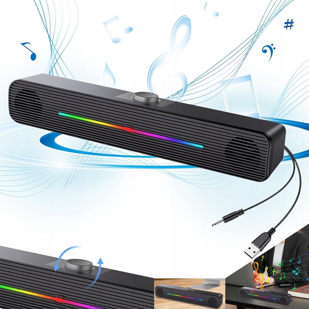 GŁOŚNIKI SOUNDBAR Z LED RGB I REGULACJĄ GŁOŚNOŚCI DO KOMPUTERA I TELEWIZORA